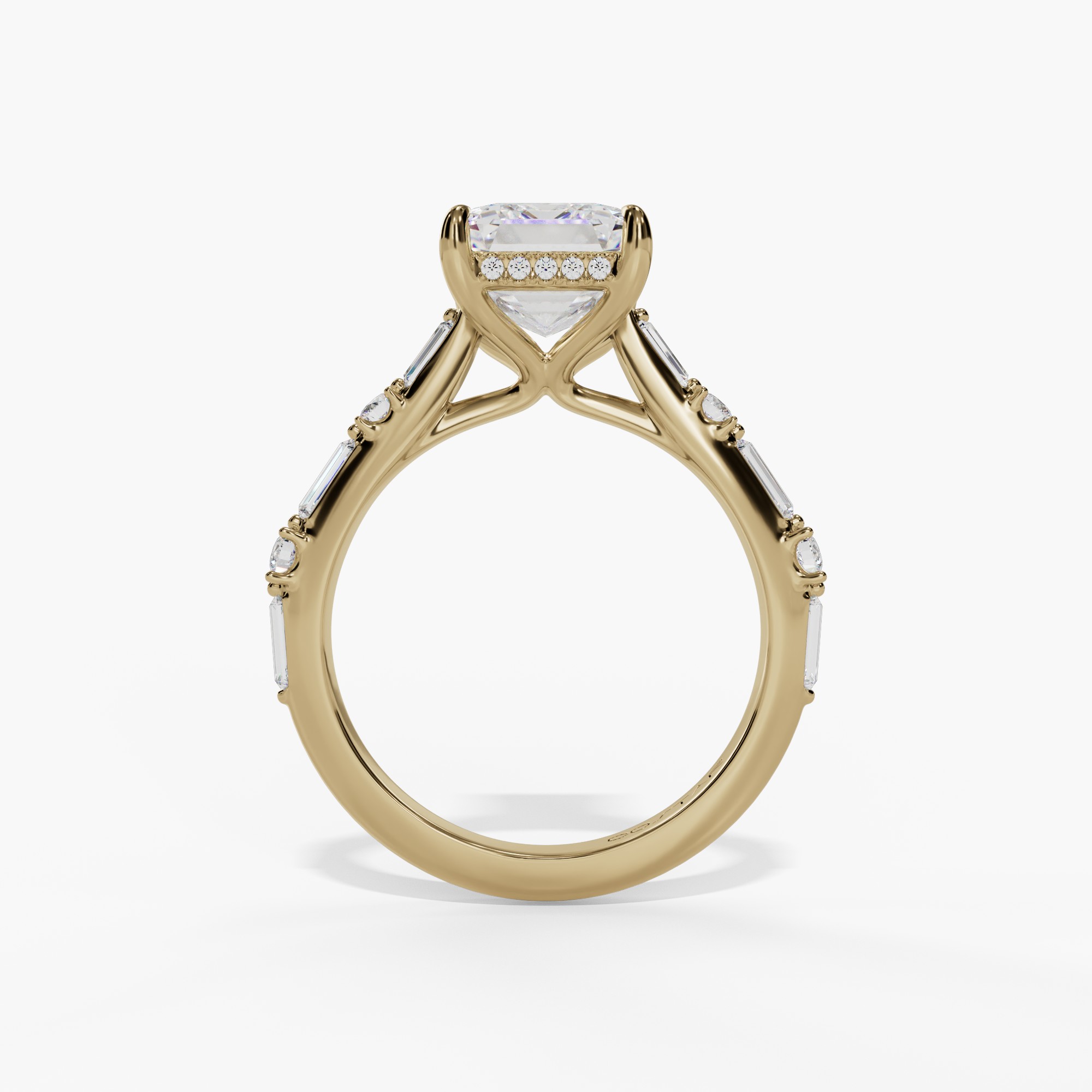Hidden Halo Engagement Ring with Baguette & Round Diamond Shank