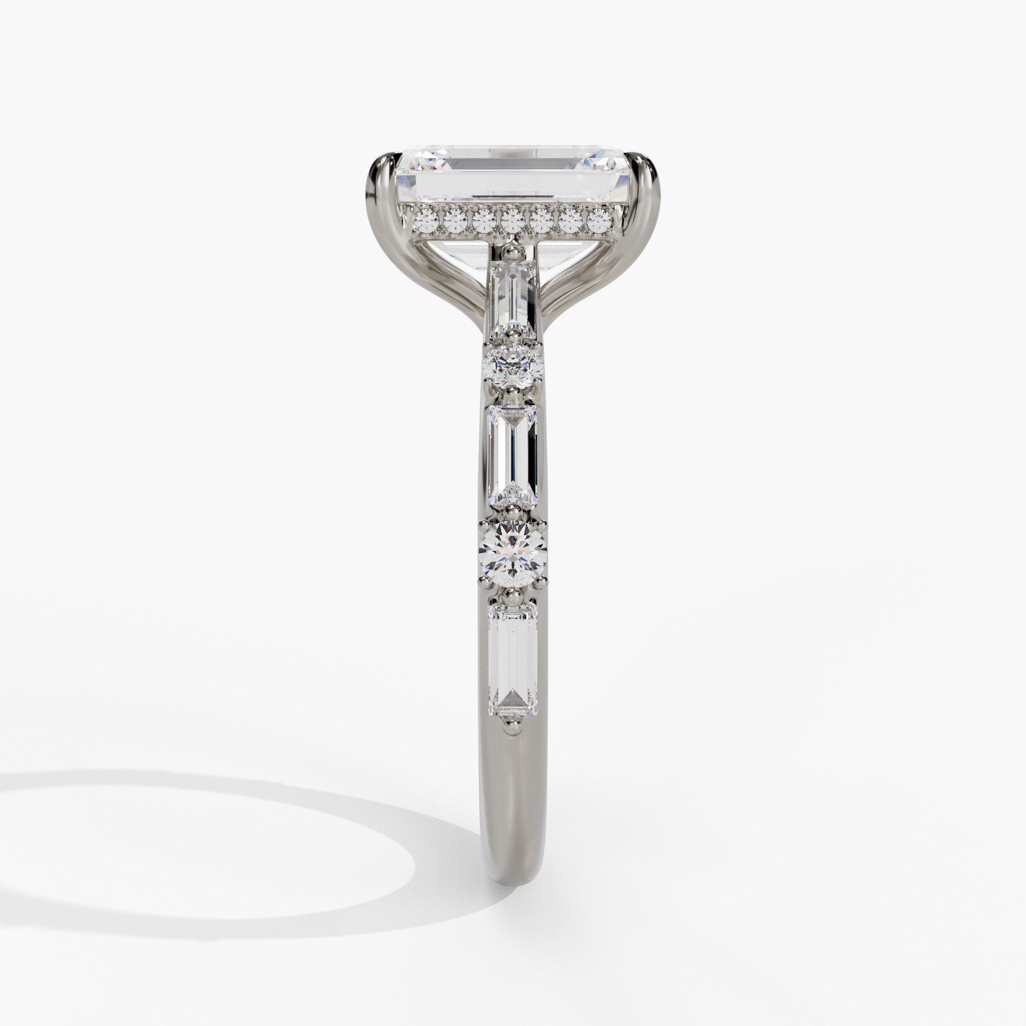 Hidden Halo Engagement Ring with Baguette & Round Diamond Shank