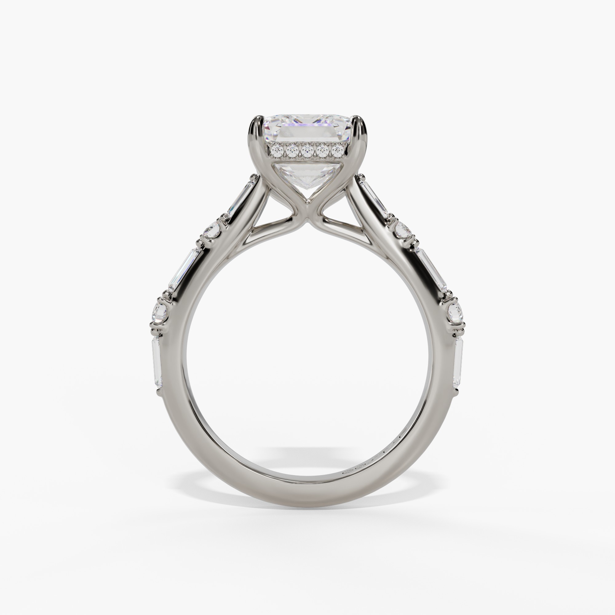 Hidden Halo Engagement Ring with Baguette & Round Diamond Shank