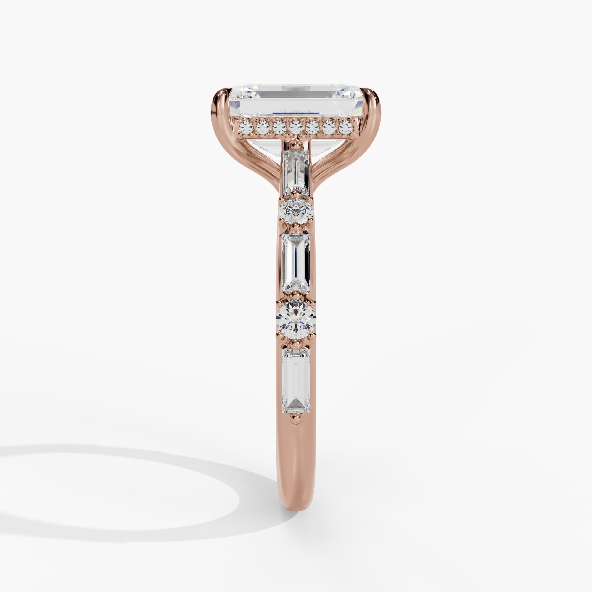 Hidden Halo Engagement Ring with Baguette & Round Diamond Shank