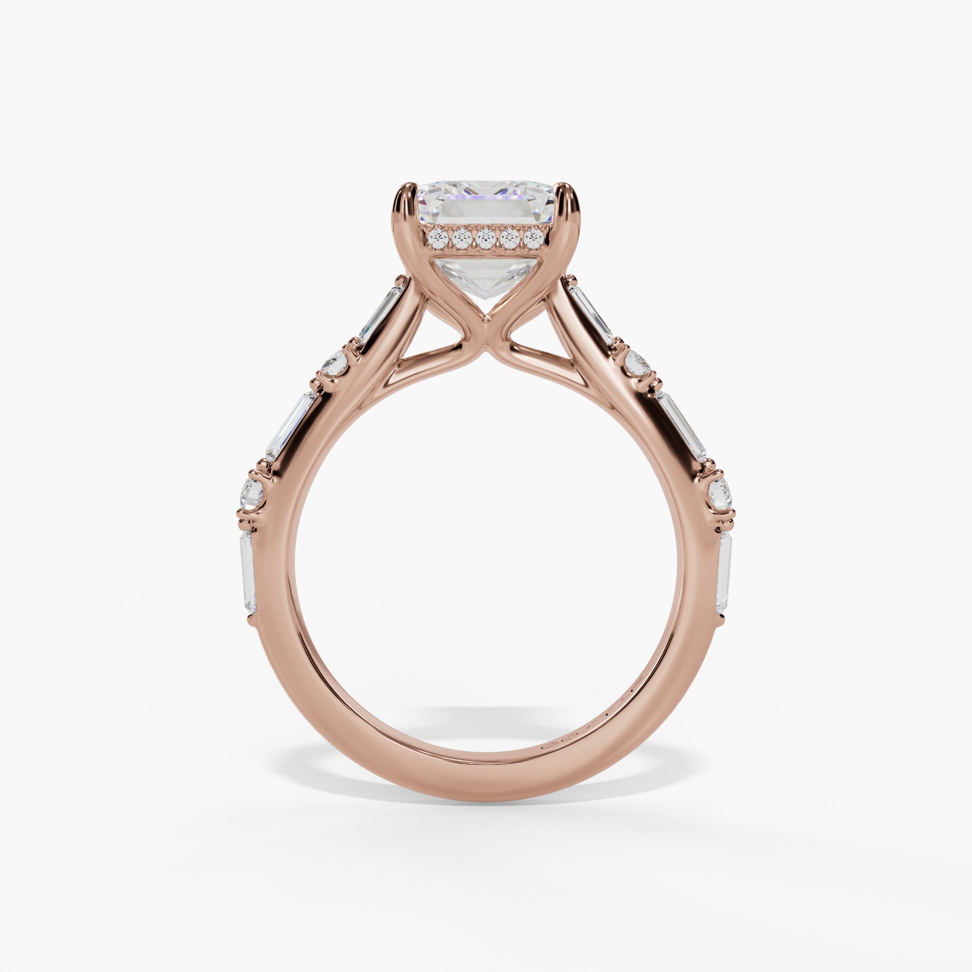 Hidden Halo Engagement Ring with Baguette & Round Diamond Shank