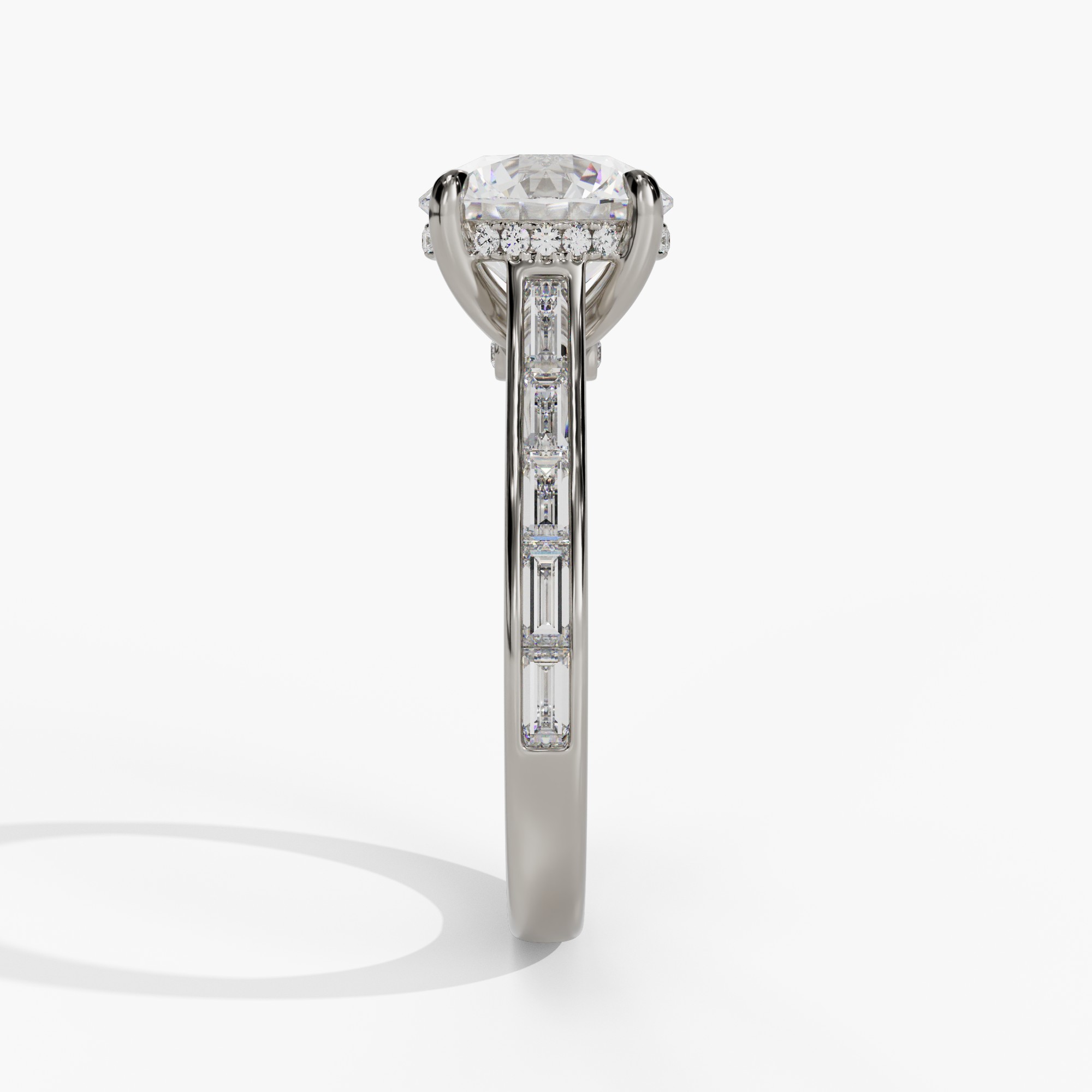 hidden Halo Engagement Ring with Channel Set Baguette Diamond Shank