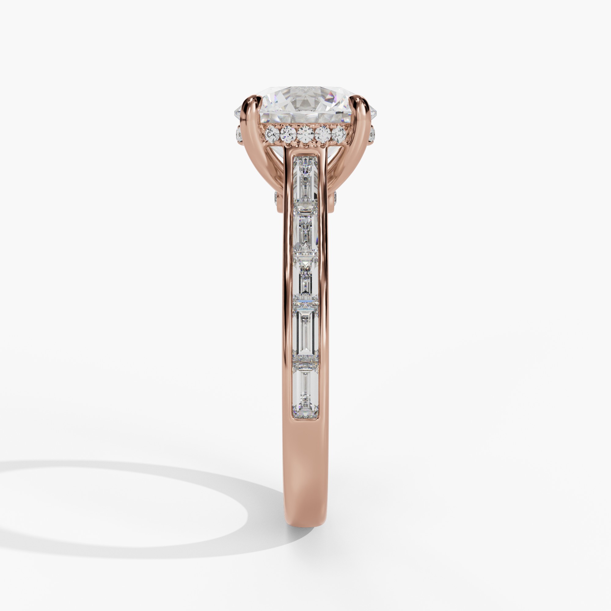 hidden Halo Engagement Ring with Channel Set Baguette Diamond Shank