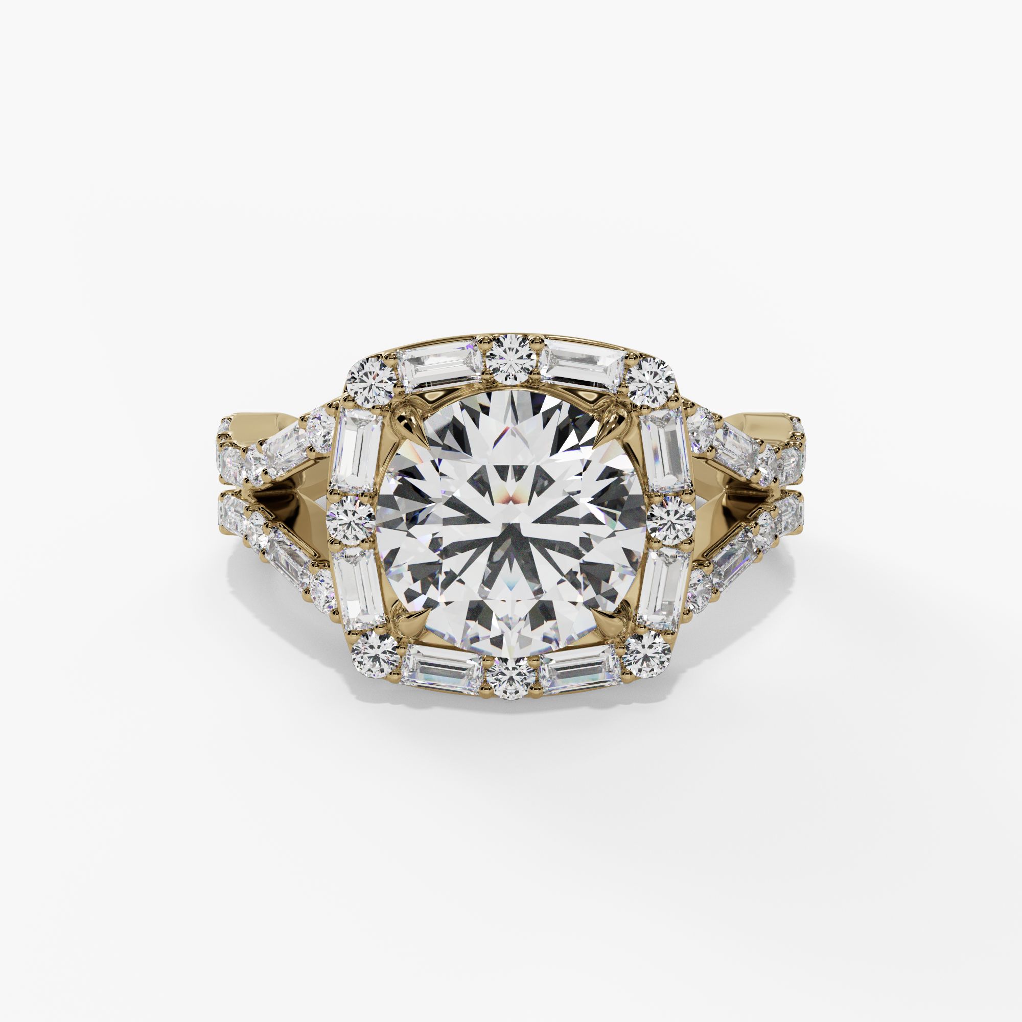 Round & Baguette Diamond Halo Split Shank Engagement Ring