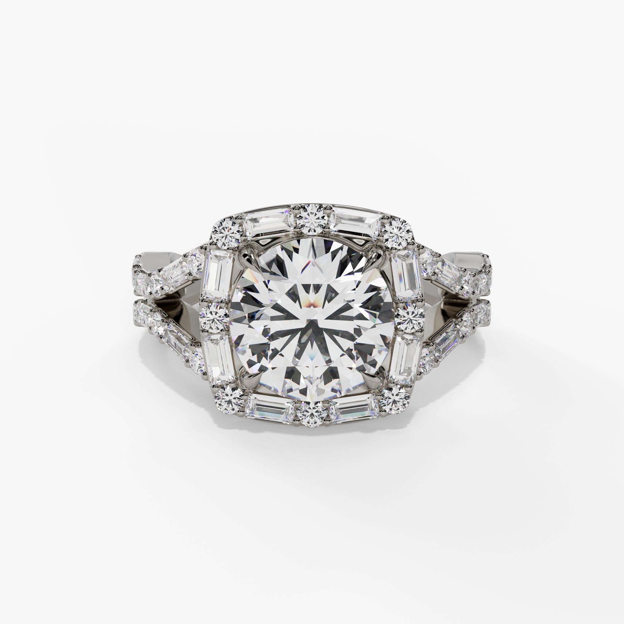 Round & Baguette Diamond Halo Split Shank Engagement Ring