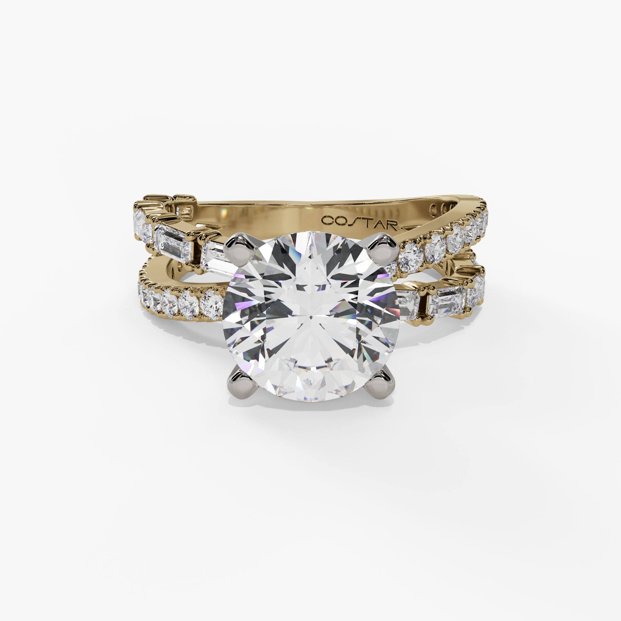 Split Shank Round & Baguette Diamond Crossover Engagement Ring