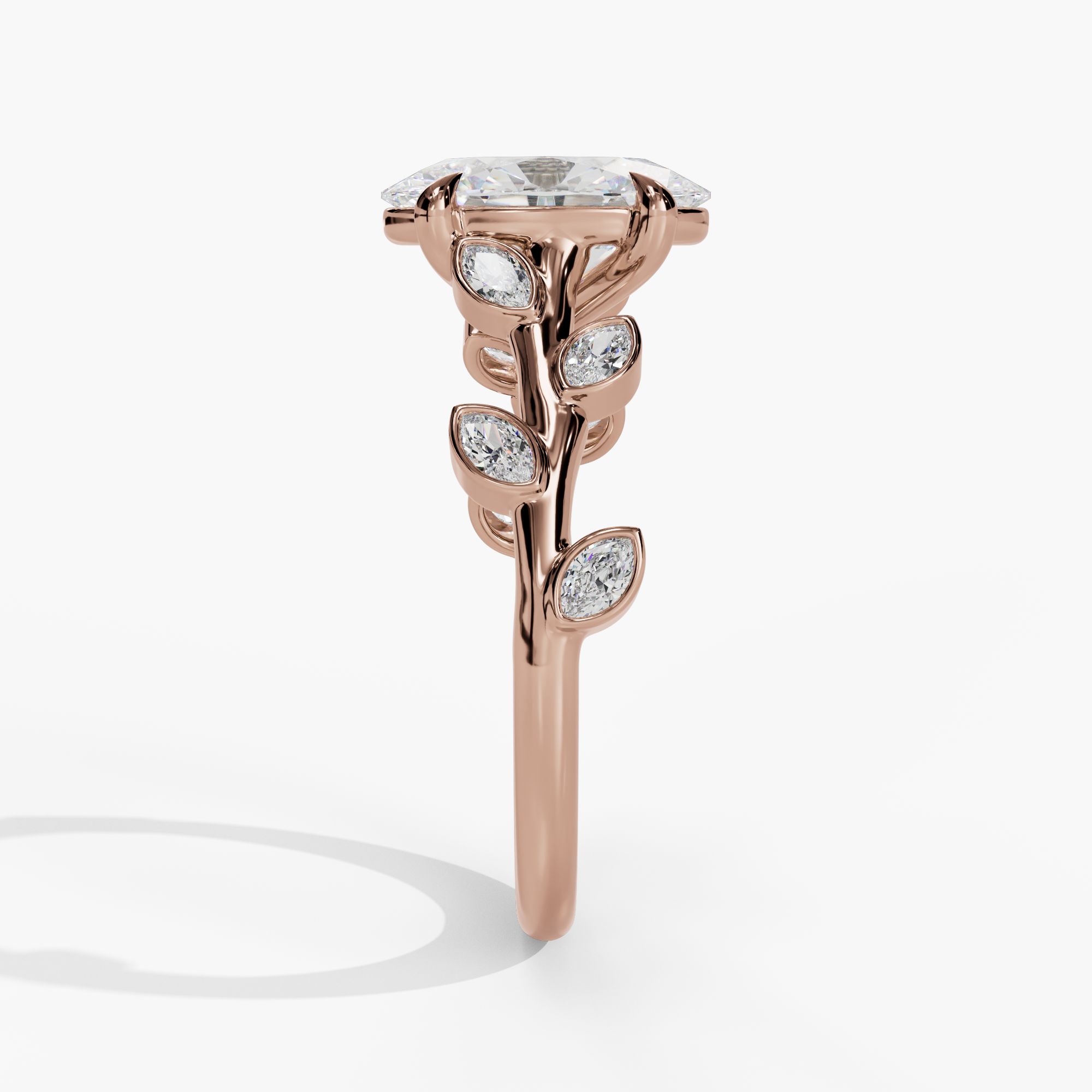 Cathedral Oval Engagement Ring Setting With Marquise Natural Diamond Leaf Accents in 14k Rose Gold — side view
