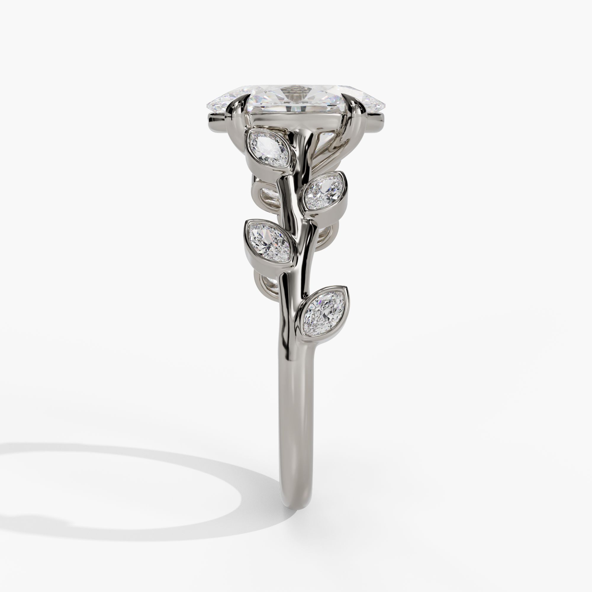 Cathedral Oval Engagement Ring Setting With Marquise Natural Diamond Leaf Accents in 14k White Gold — side view