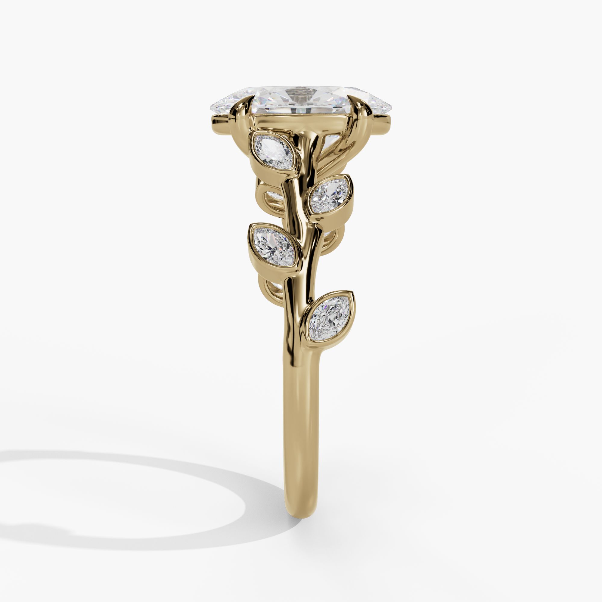 Cathedral Oval Engagement Ring Setting With Marquise Natural Diamond Leaf Accents in 14k Yellow Gold — side view