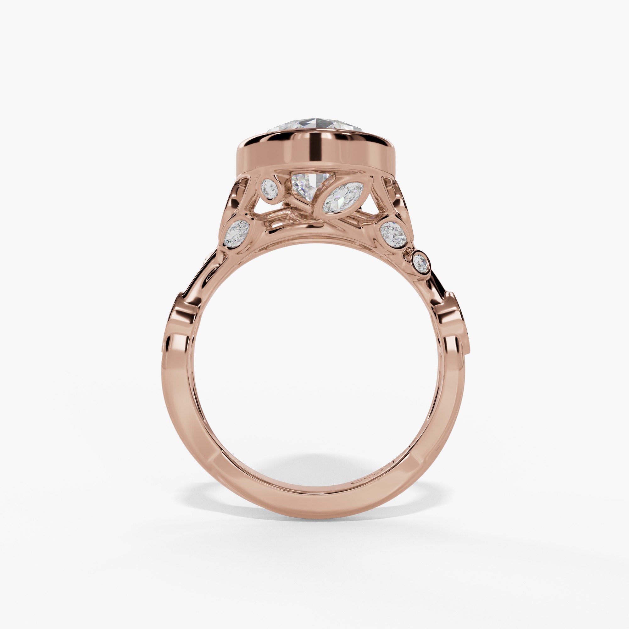 Floral Bezel-Set Pear-Shaped Engagement Ring Setting With Marquise Natural Diamond Gallery Accents in 14k Rose Gold — side view
