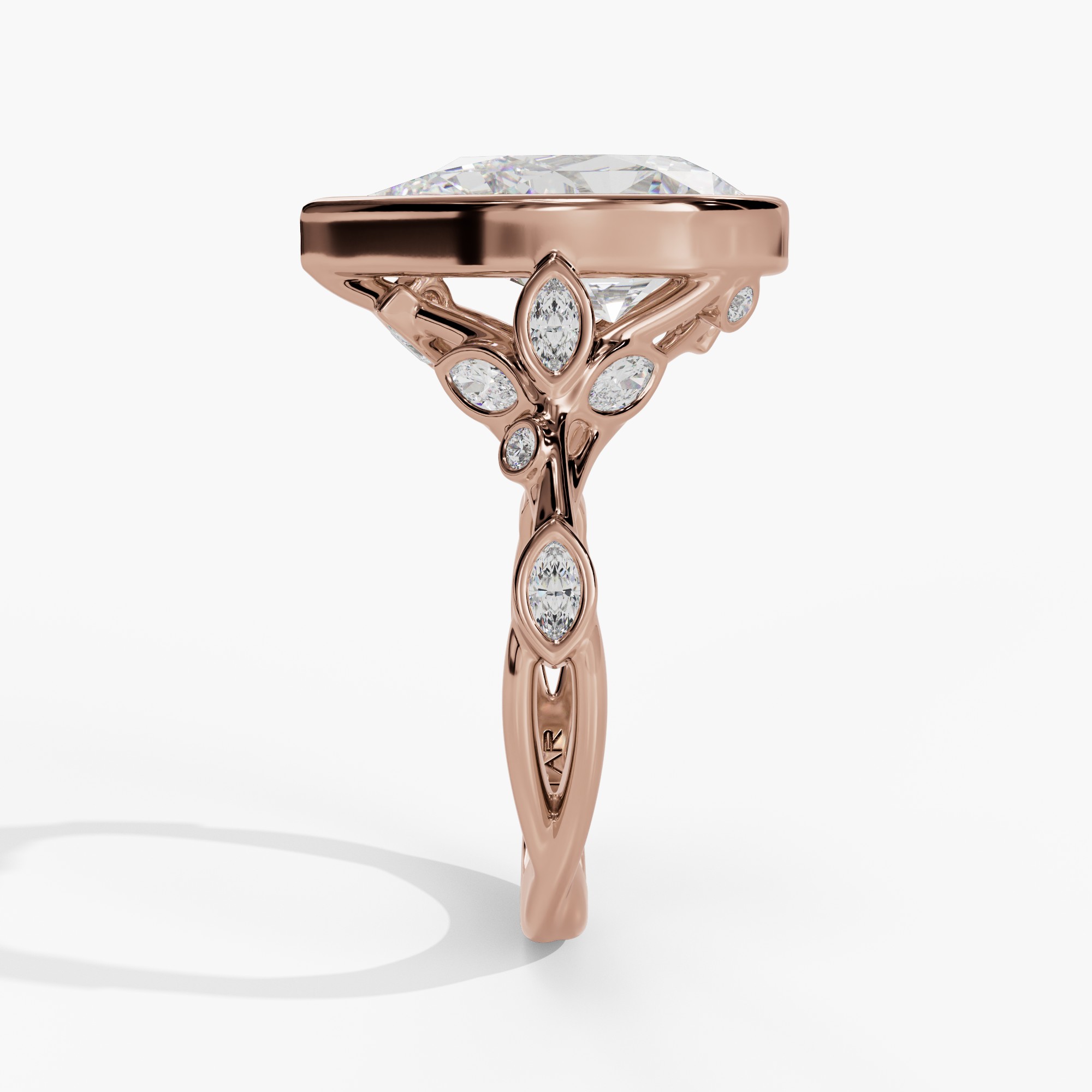 Floral Bezel-Set Pear-Shaped Engagement Ring Setting With Marquise Natural Diamond Gallery Accents in 14k Rose Gold — full ring view