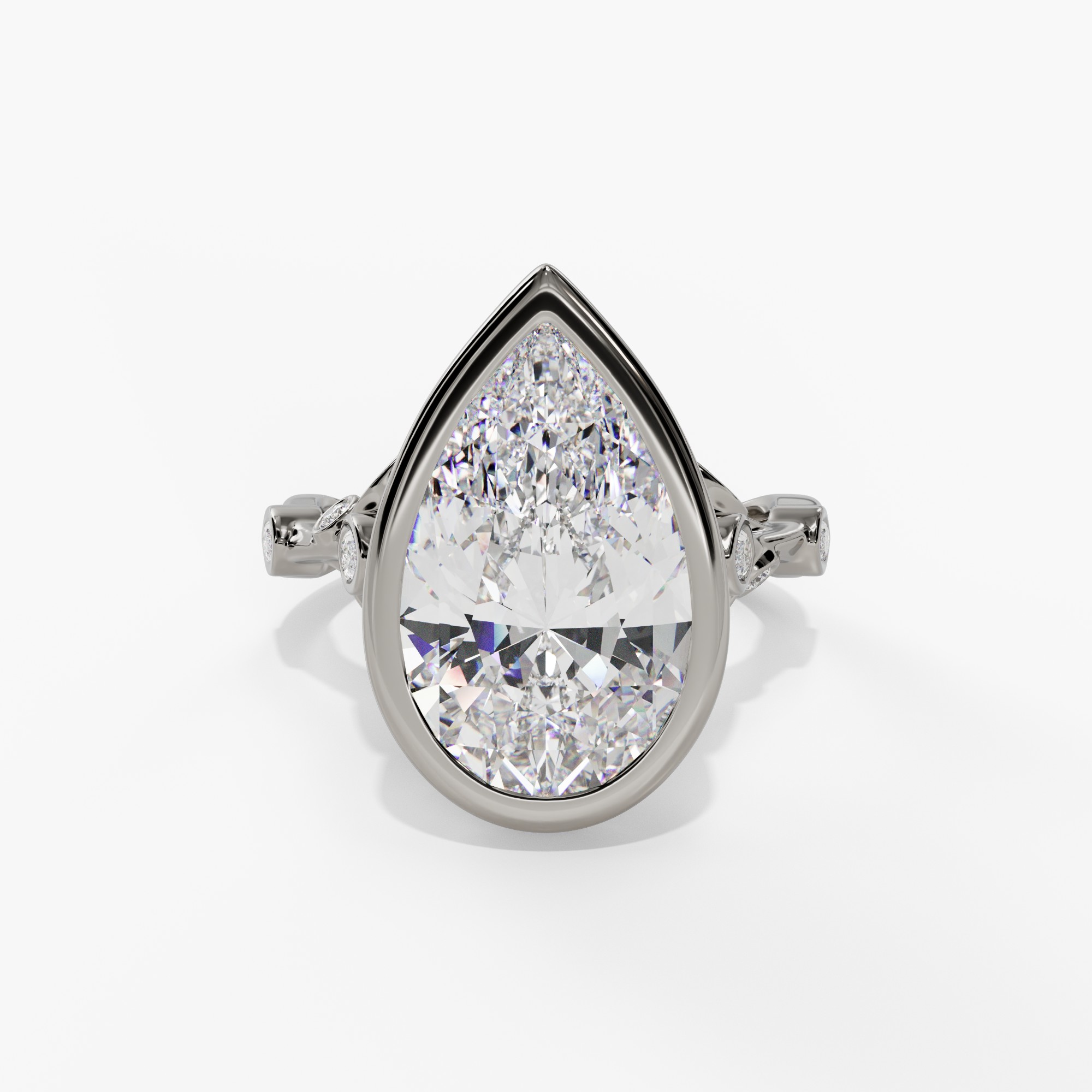 Floral Bezel-Set Pear-Shaped Engagement Ring Setting With Marquise Natural Diamond Gallery Accents in 14k White Gold — front view
