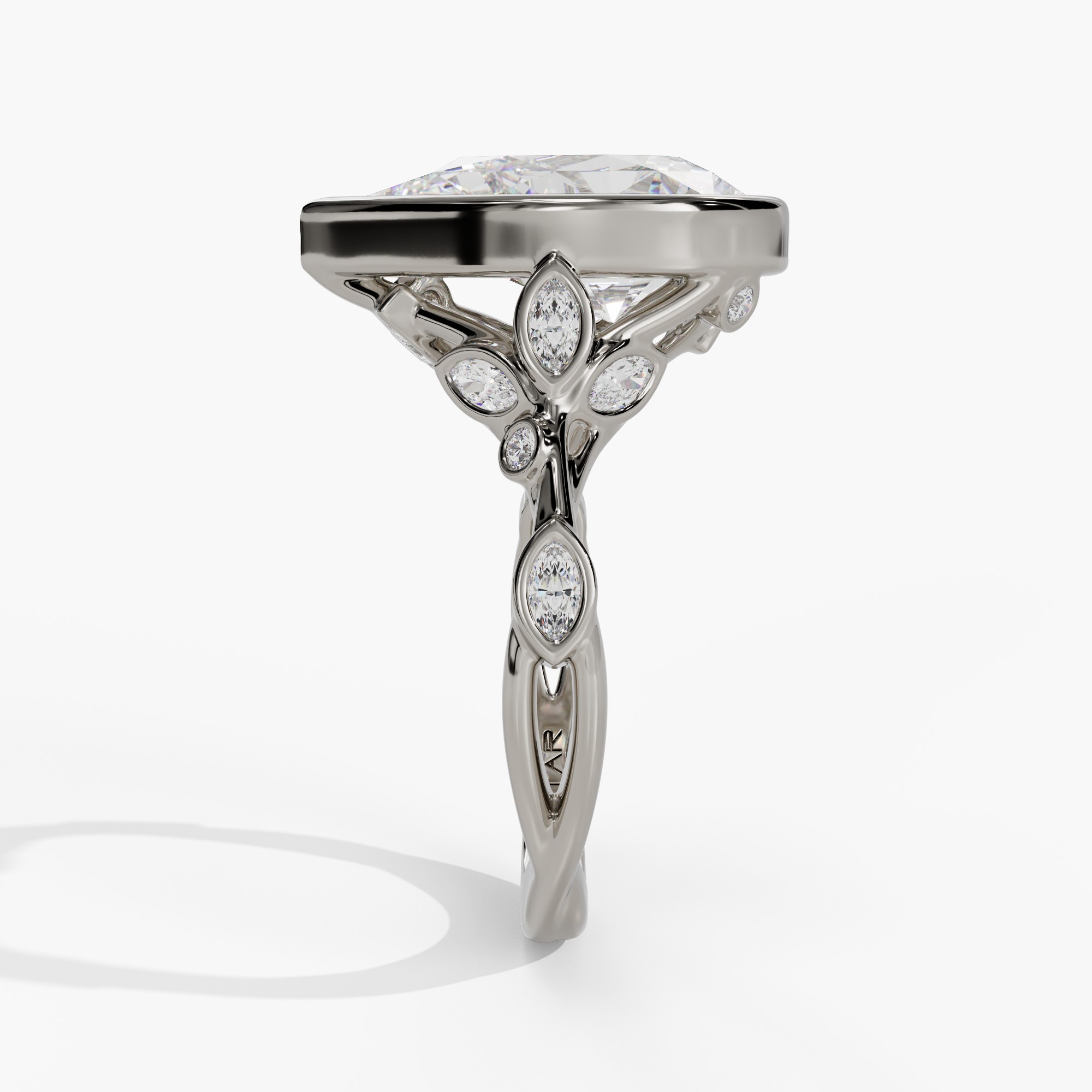 Floral Bezel-Set Pear-Shaped Engagement Ring Setting With Marquise Natural Diamond Gallery Accents in 14k White Gold — side view