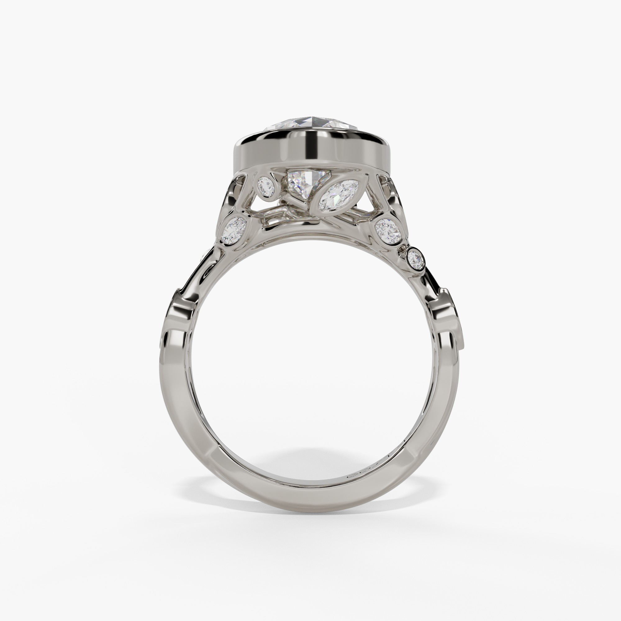 Floral Bezel-Set Pear-Shaped Engagement Ring Setting With Marquise Natural Diamond Gallery Accents in 14k White Gold — full ring view