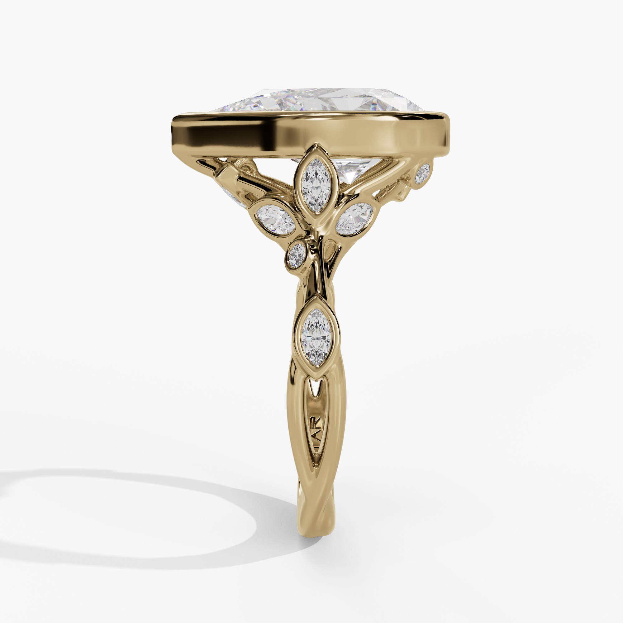 Floral Bezel-Set Pear-Shaped Engagement Ring Setting With Marquise Natural Diamond Gallery Accents in 14k Yellow Gold — side view