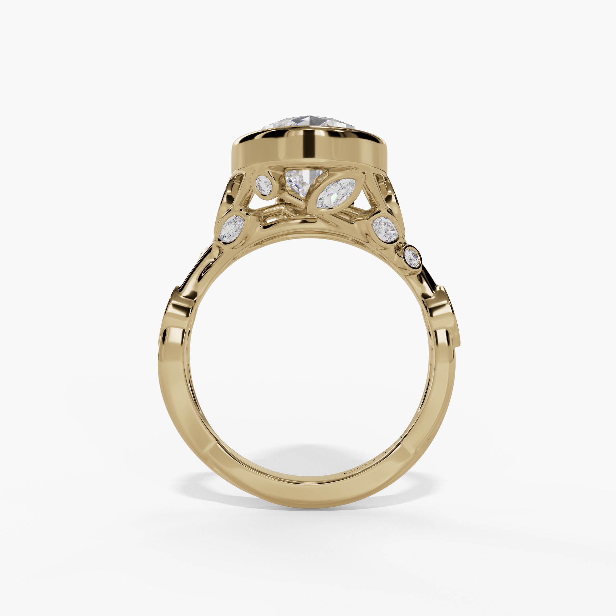 Floral Bezel-Set Pear-Shaped Engagement Ring Setting With Marquise Natural Diamond Gallery Accents in 14k Yellow Gold — full ring view