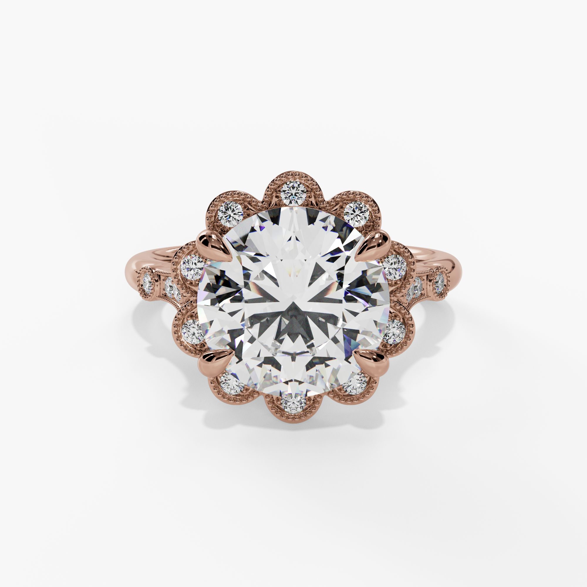 Floral Halo Round Engagement Ring Setting With Natural Diamond Accents in 14k Rose Gold — front view