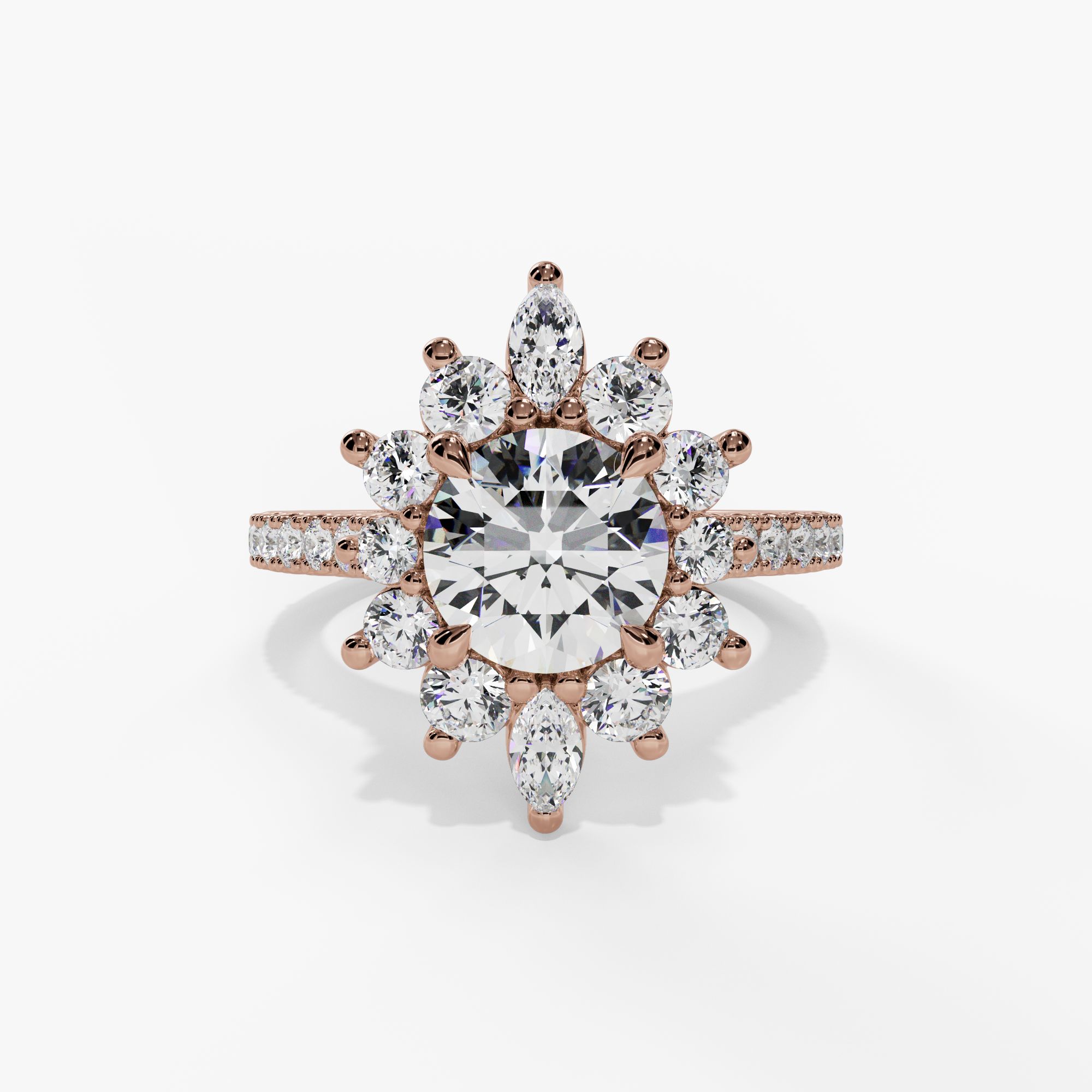 Floral Halo Round Engagement Ring Setting With Pear-Shaped Natural Diamond Accents in 14k Rose Gold — front view