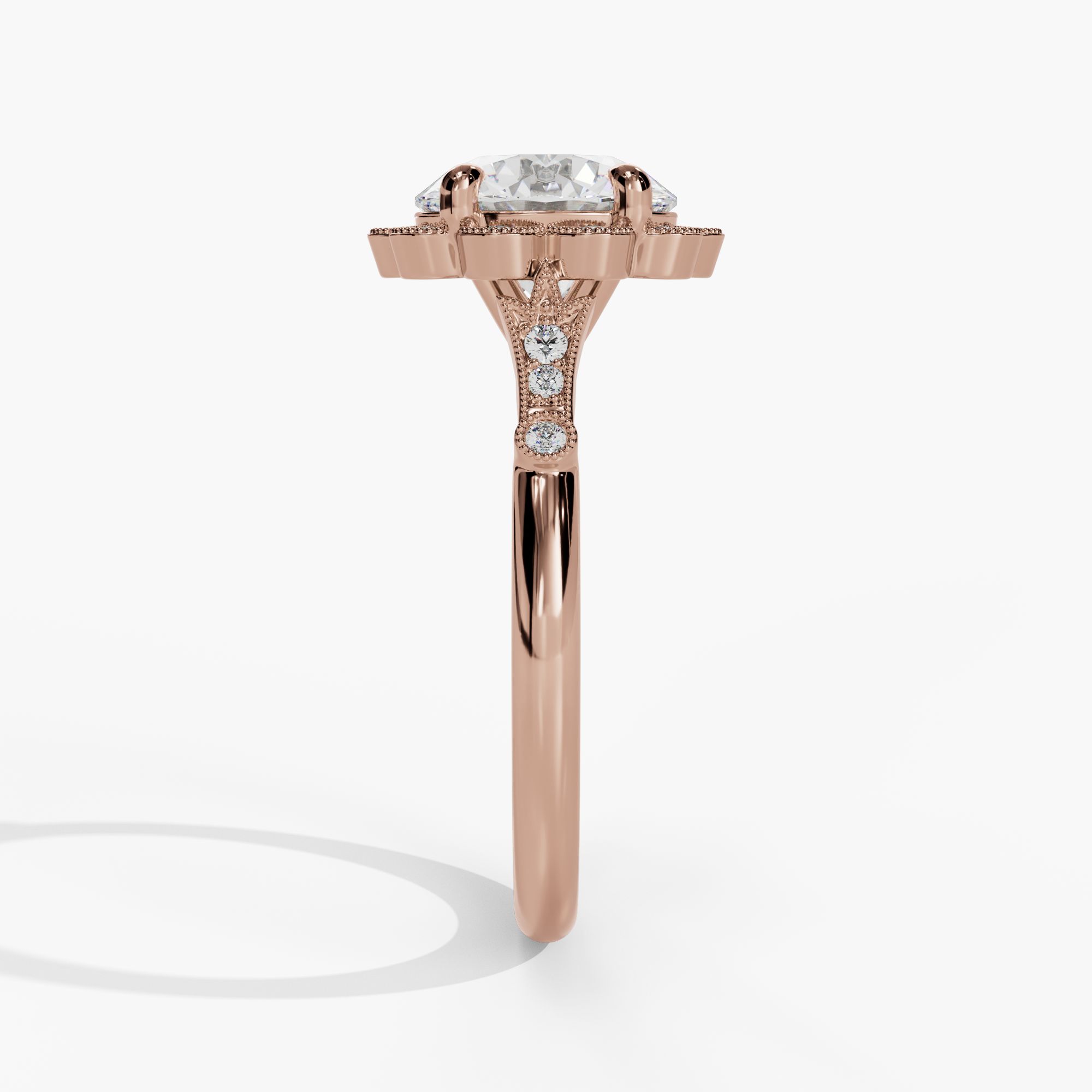 Floral Halo Round Engagement Ring Setting With Natural Diamond Accents in 14k Rose Gold — side view