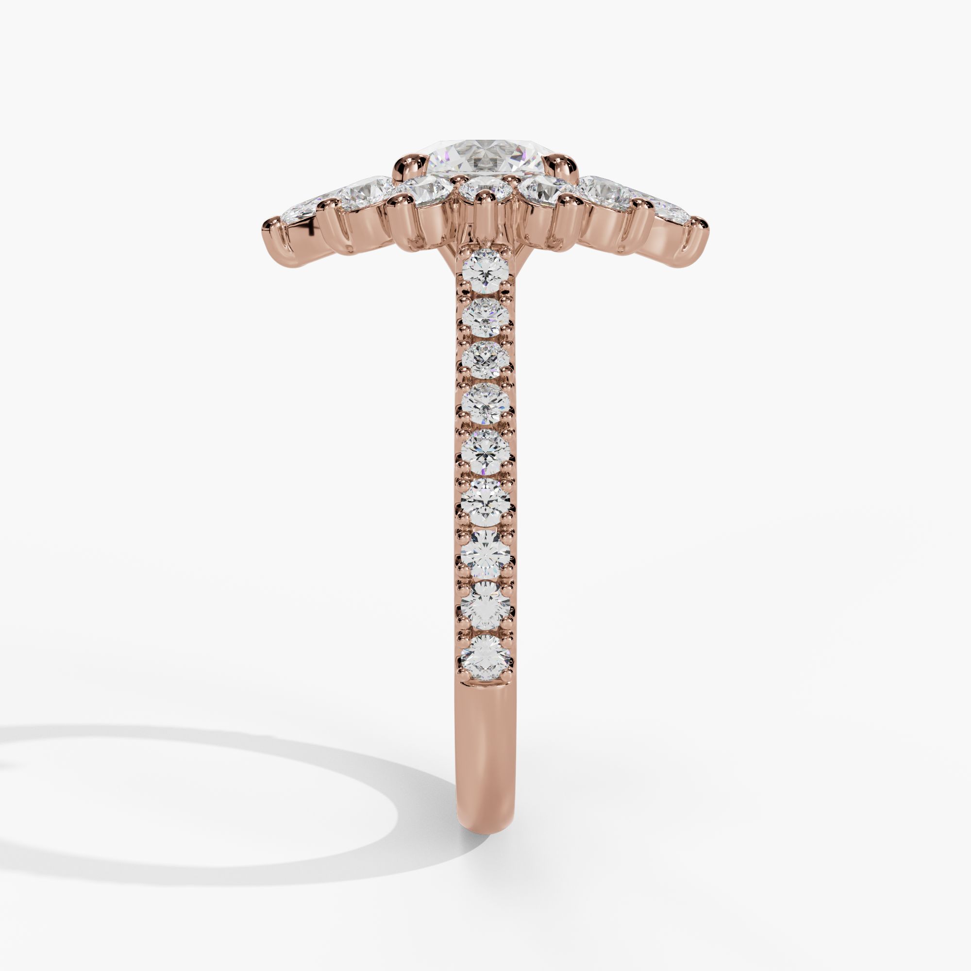 Floral Halo Round Engagement Ring Setting With Pear-Shaped Natural Diamond Accents in 14k Rose Gold — side view