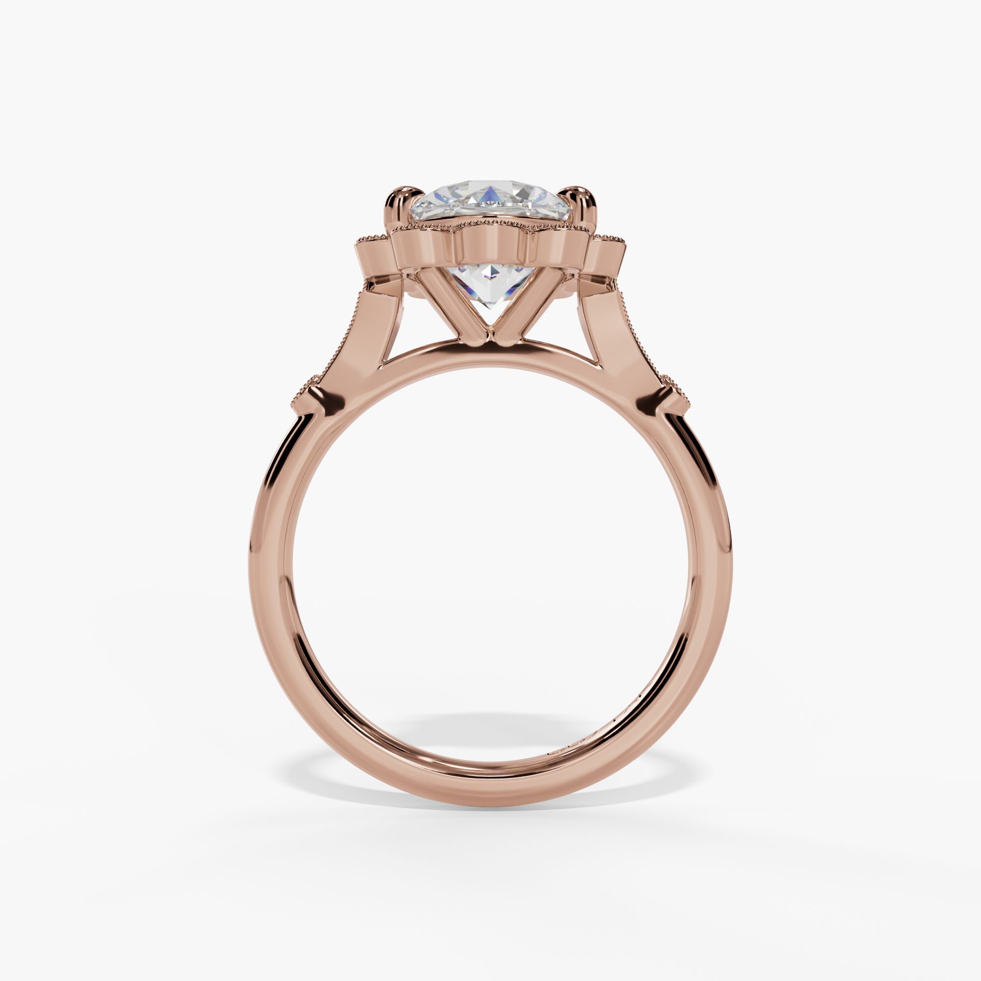 Floral Halo Round Engagement Ring Setting With Natural Diamond Accents in 14k Rose Gold — full ring view