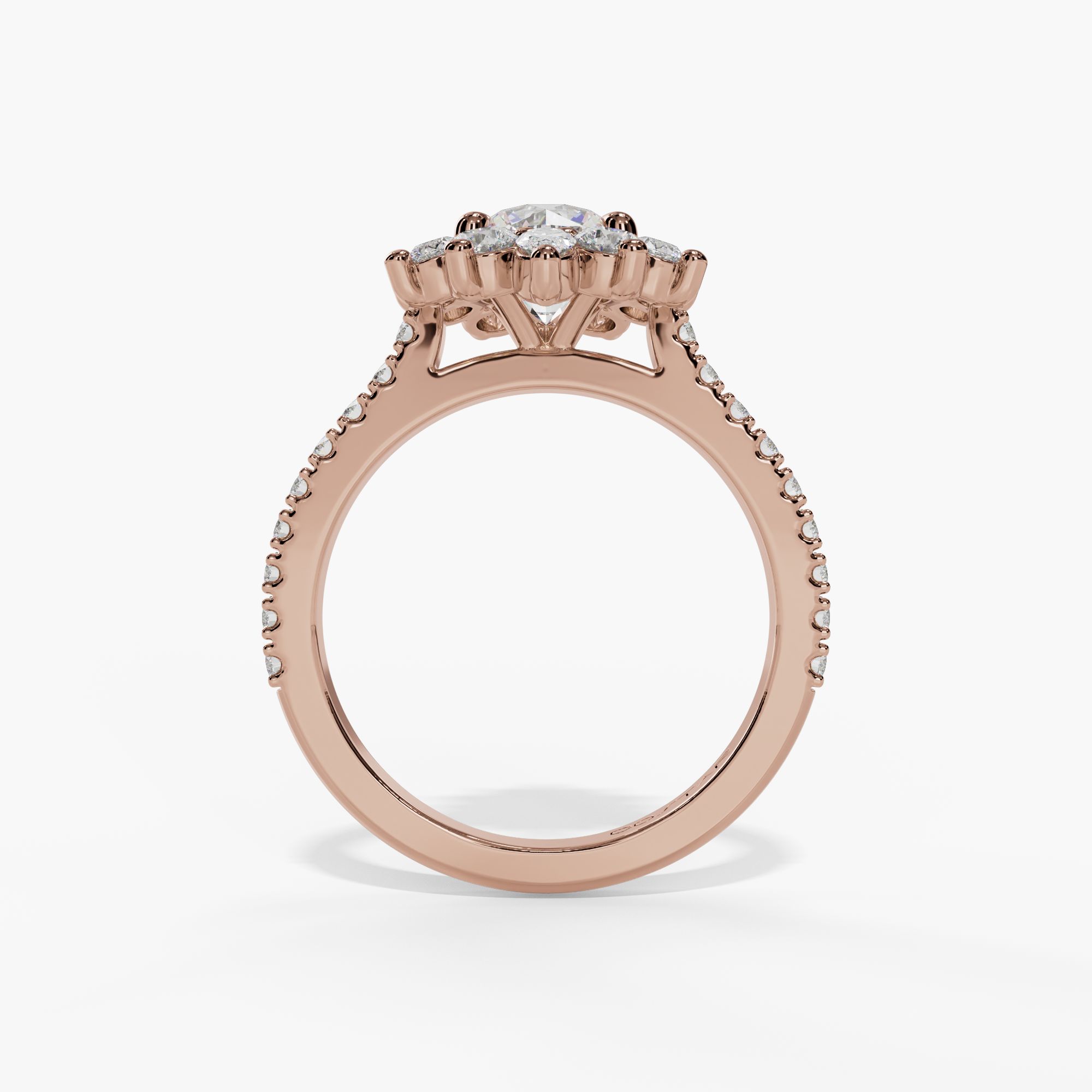 Floral Halo Round Engagement Ring Setting With Pear-Shaped Natural Diamond Accents in 14k Rose Gold — full ring view