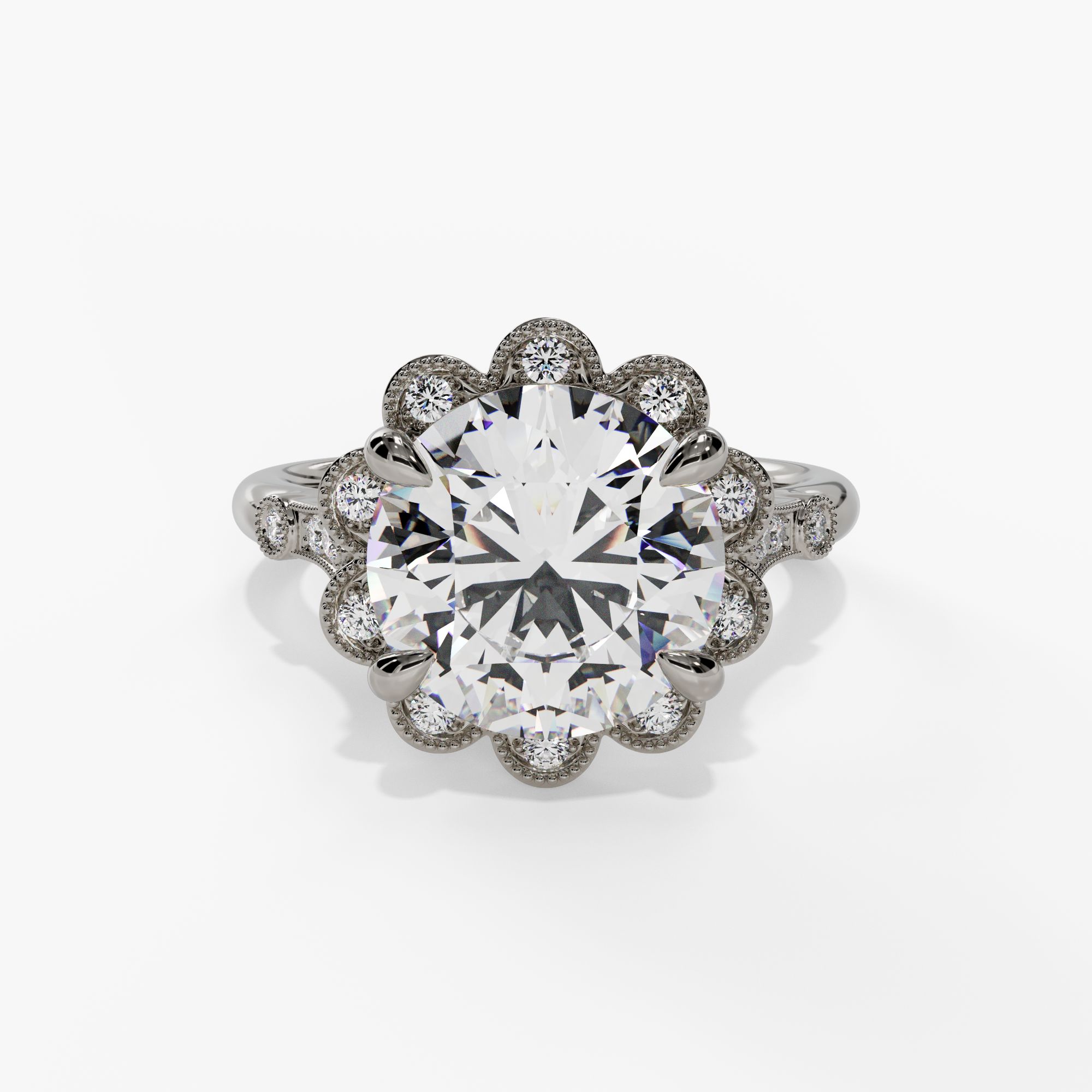 Floral Halo Round Engagement Ring Setting With Natural Diamond Accents in 14k White Gold — front view