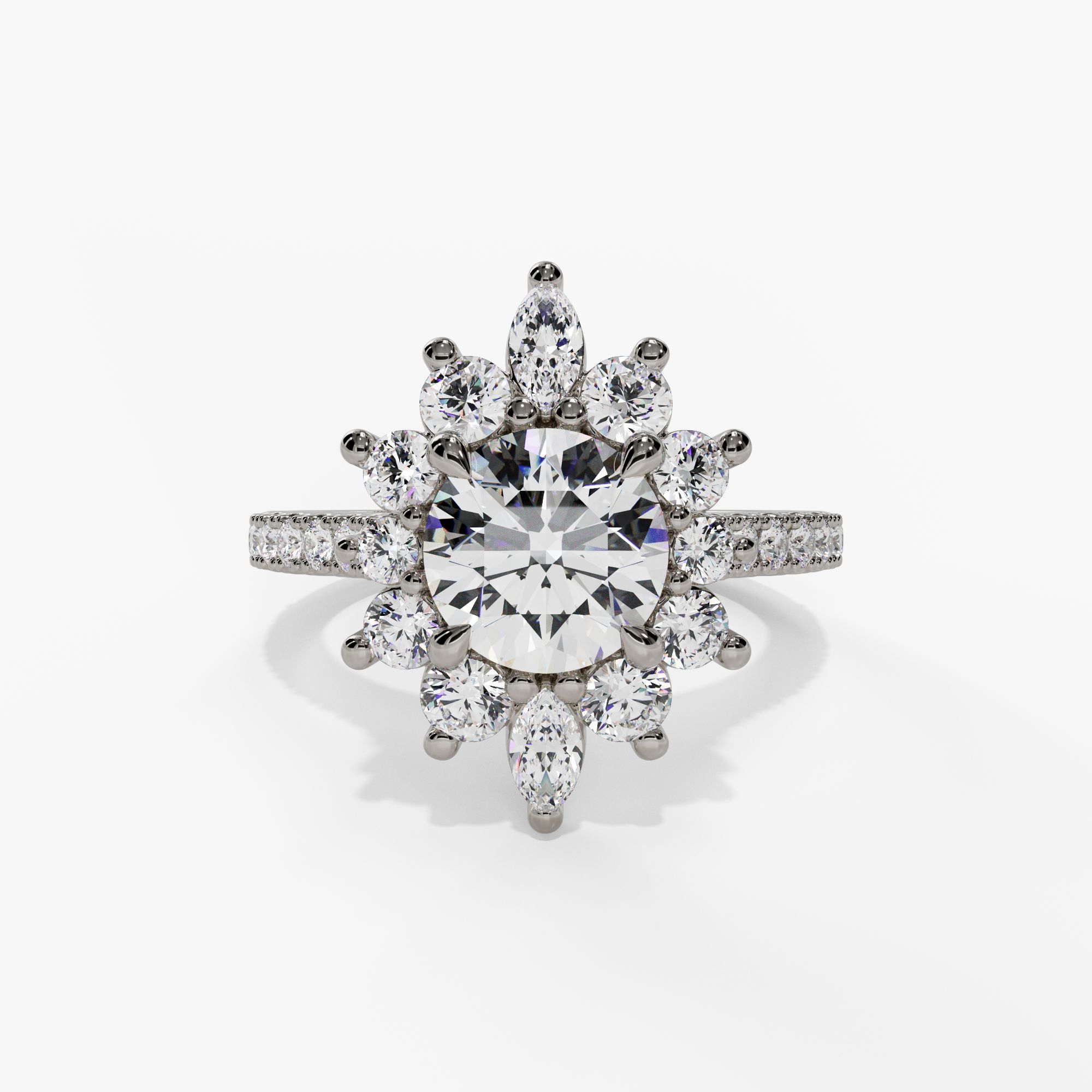 Floral Halo Round Engagement Ring Setting With Pear-Shaped Natural Diamond Accents in 14k White Gold — front view