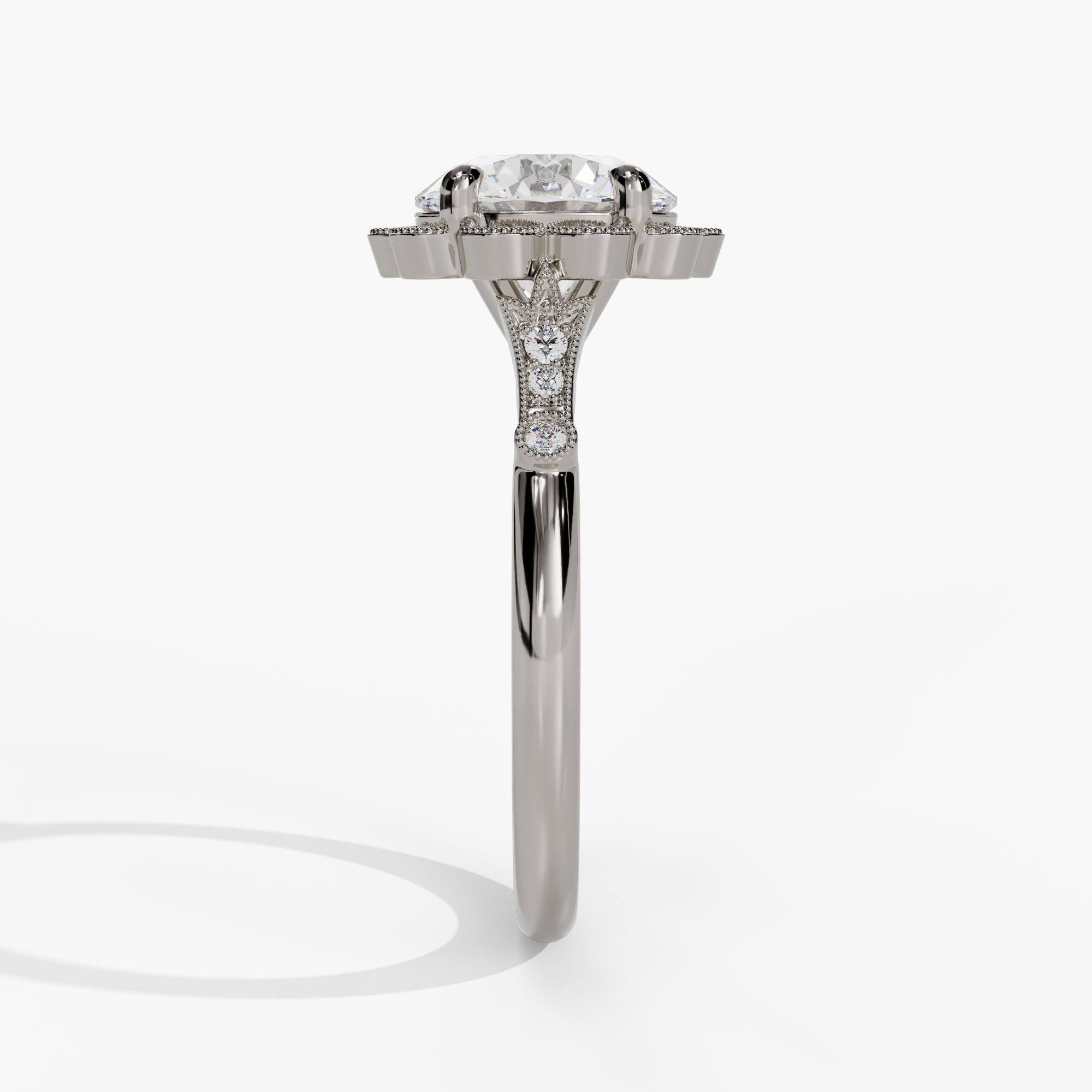 Floral Halo Round Engagement Ring Setting With Natural Diamond Accents in 14k White Gold — side view