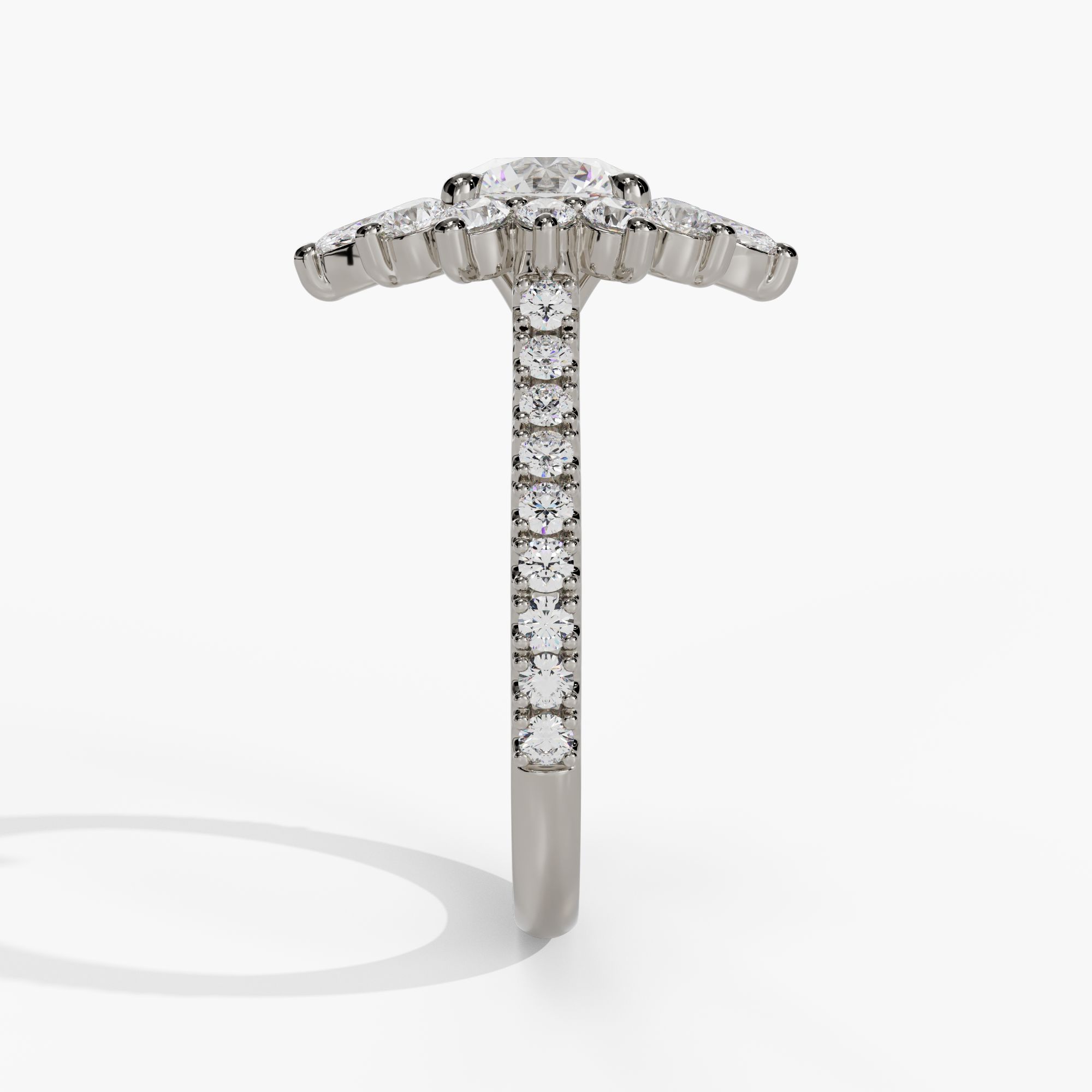 Floral Halo Round Engagement Ring Setting With Pear-Shaped Natural Diamond Accents in 14k White Gold — side view