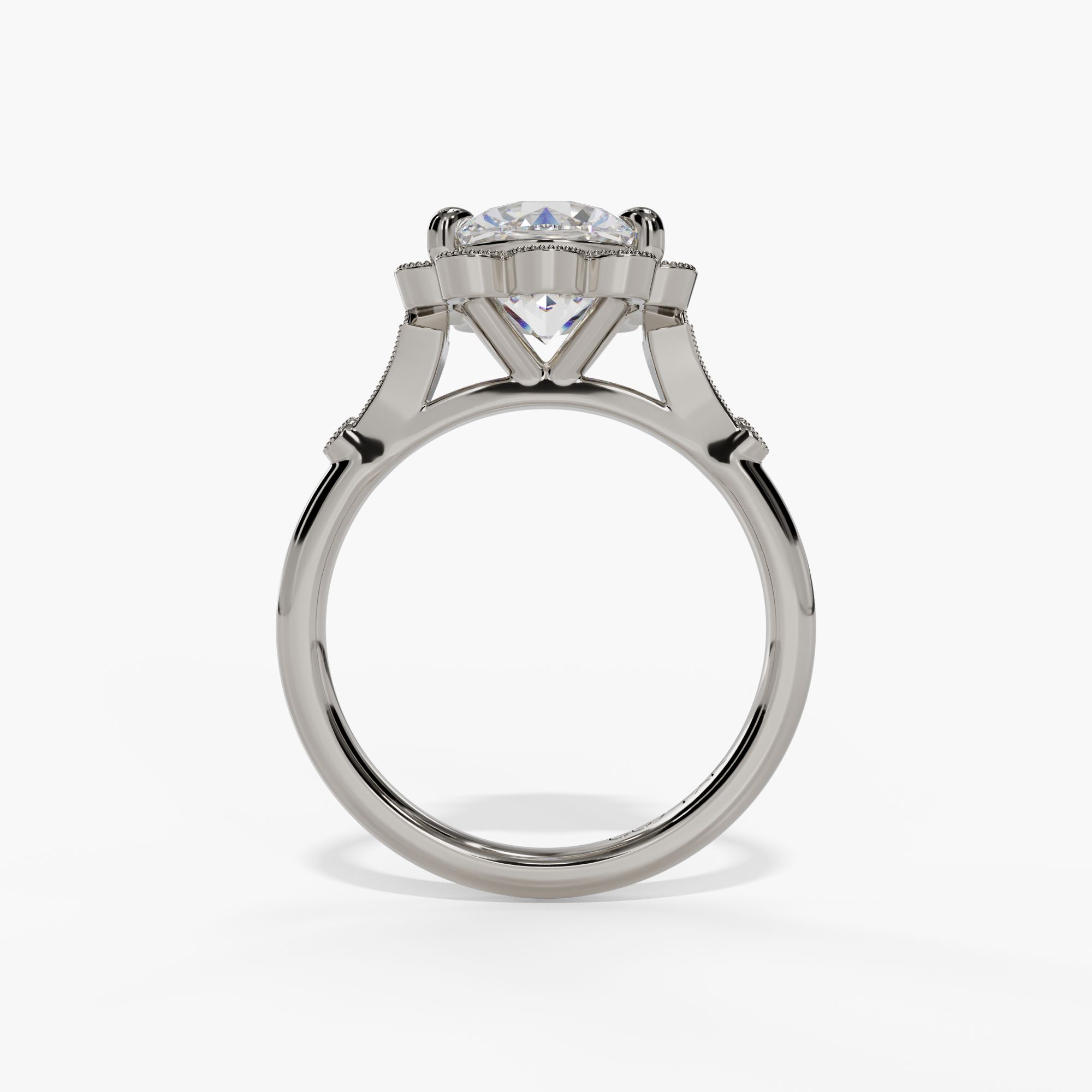 Floral Halo Round Engagement Ring Setting With Natural Diamond Accents in 14k White Gold — full ring view
