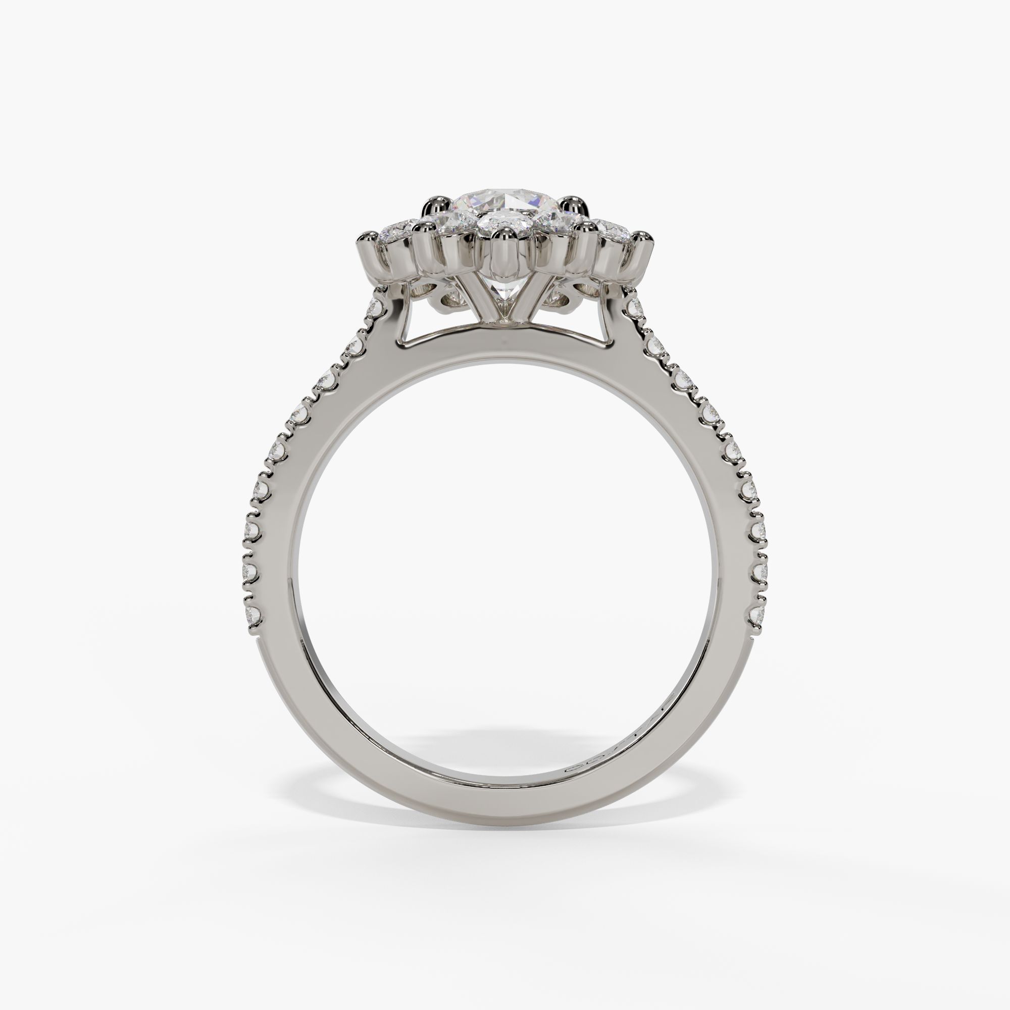 Floral Halo Round Engagement Ring Setting With Pear-Shaped Natural Diamond Accents in 14k White Gold — full ring view