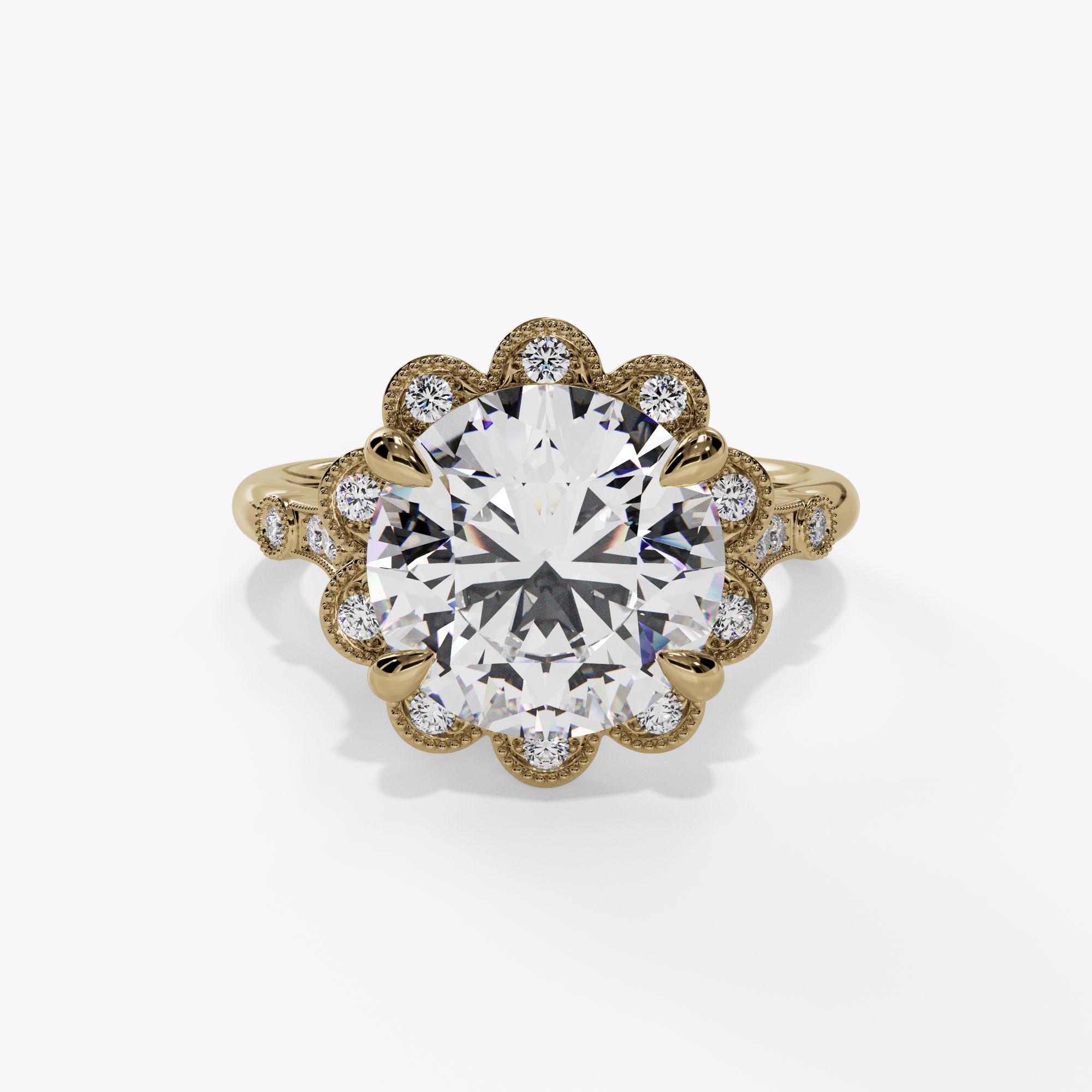 Floral Halo Round Engagement Ring Setting With Natural Diamond Accents in 14k Yellow Gold — front view
