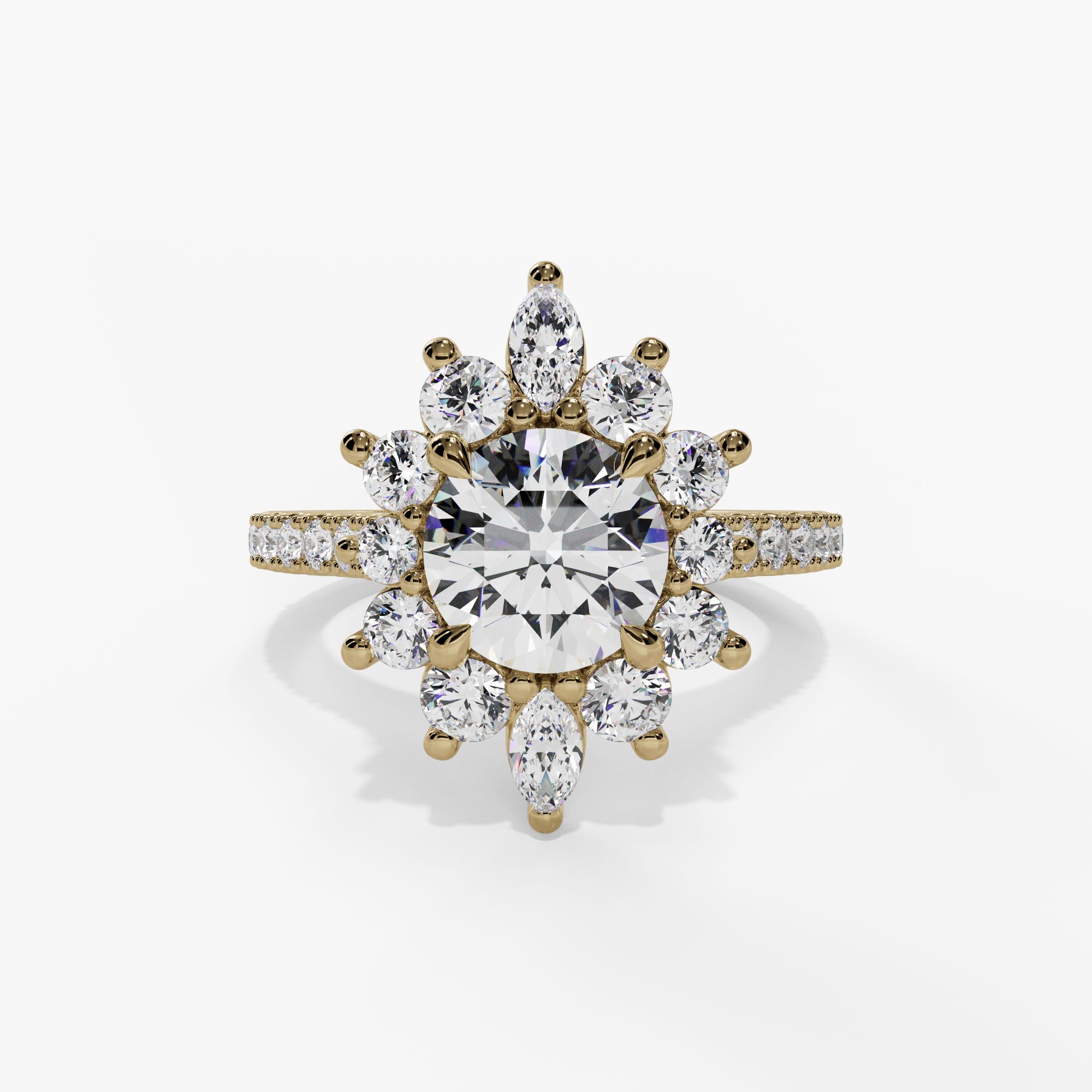 Floral Halo Round Engagement Ring Setting With Pear-Shaped Natural Diamond Accents in 14k Yellow Gold — front view