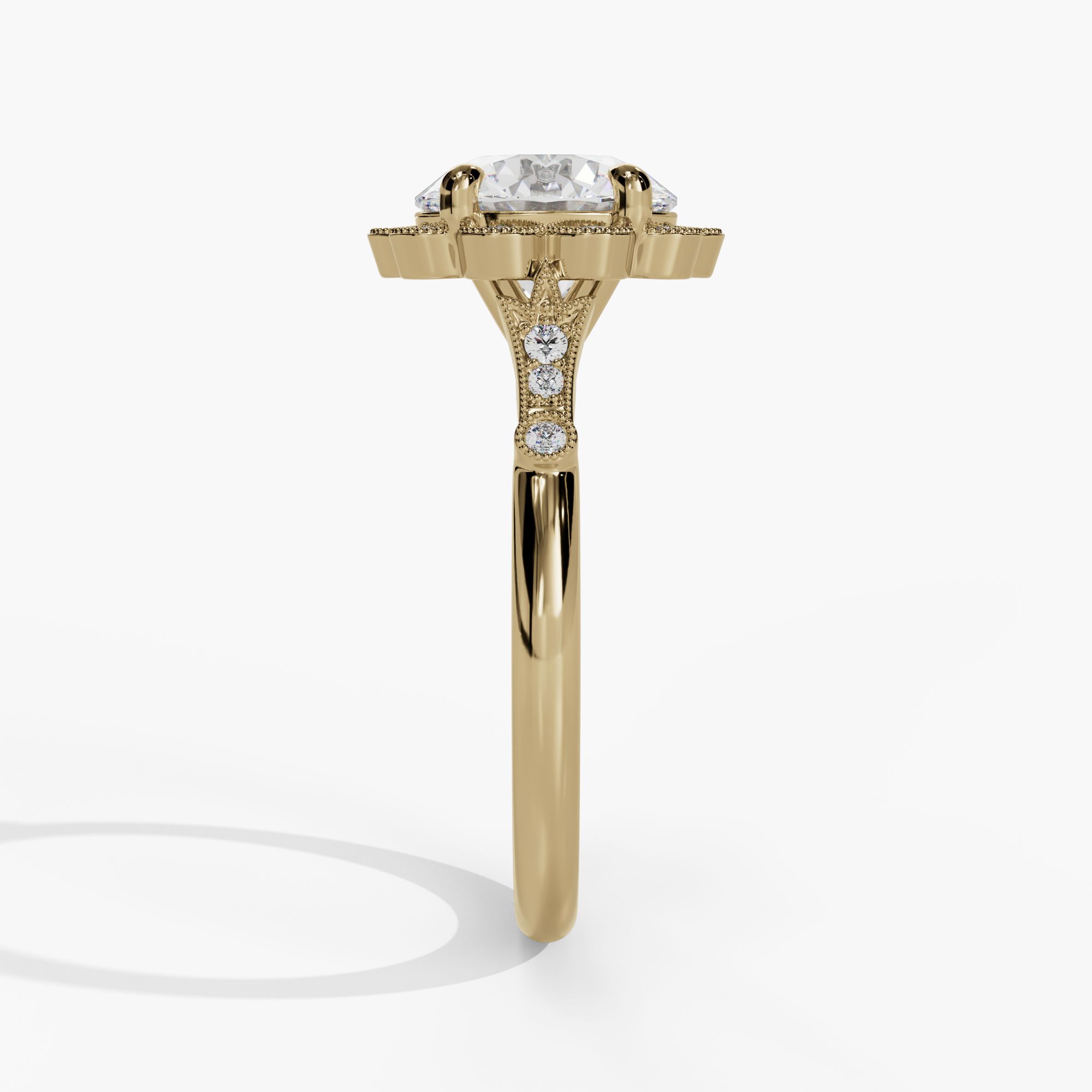Floral Halo Round Engagement Ring Setting With Natural Diamond Accents in 14k Yellow Gold — side view