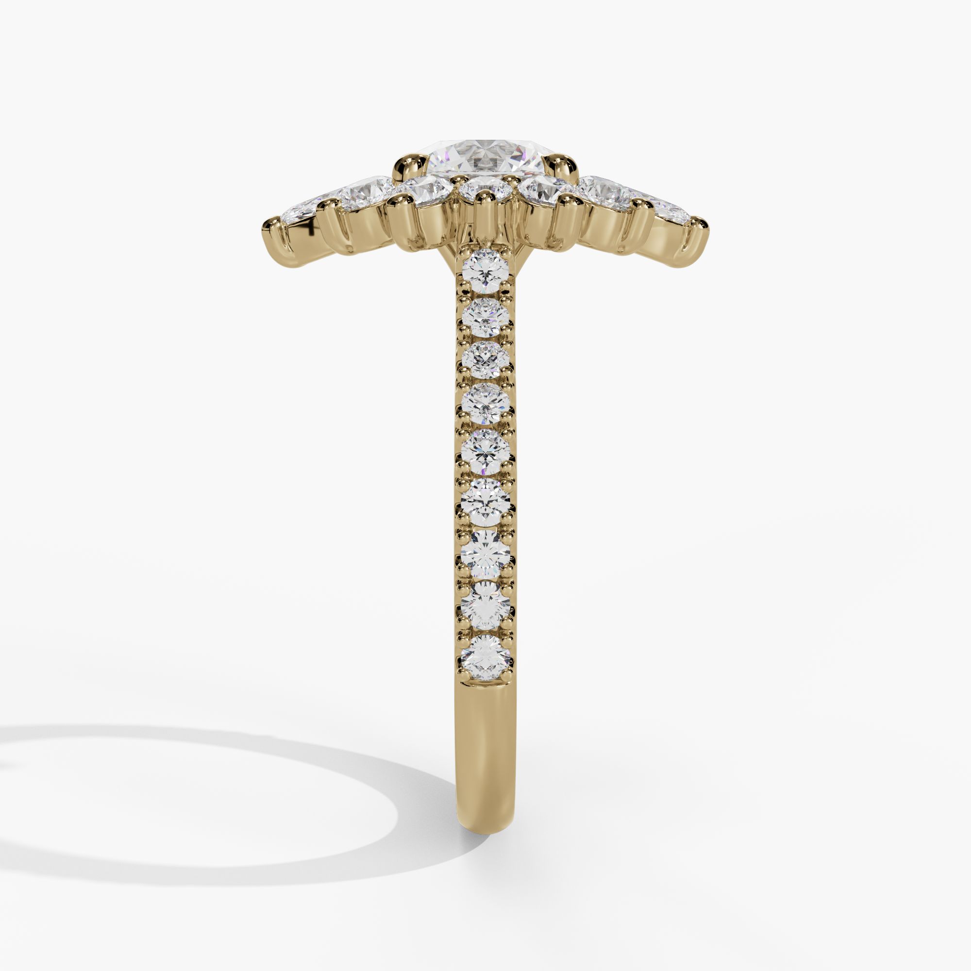Floral Halo Round Engagement Ring Setting With Pear-Shaped Natural Diamond Accents in 14k Yellow Gold — side view
