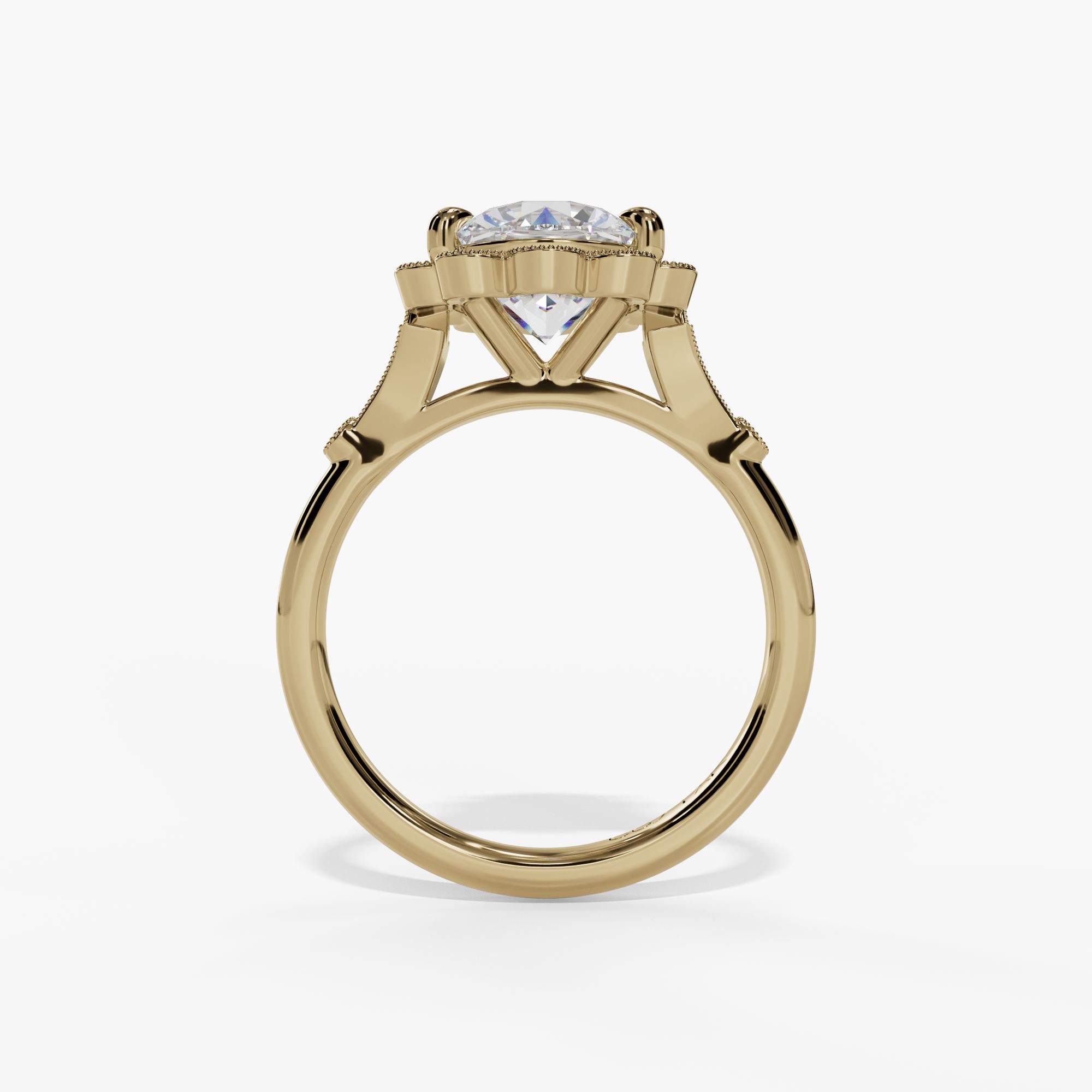 Floral Halo Round Engagement Ring Setting With Natural Diamond Accents in 14k Yellow Gold — full ring view