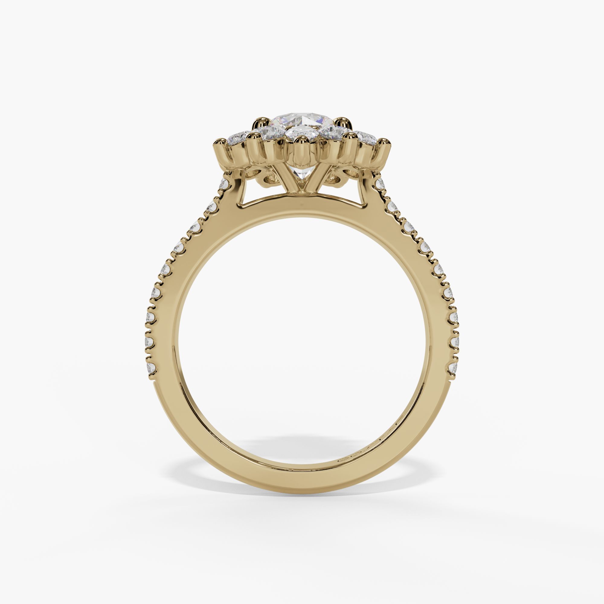 Floral Halo Round Engagement Ring Setting With Pear-Shaped Natural Diamond Accents in 14k Yellow Gold — full ring view