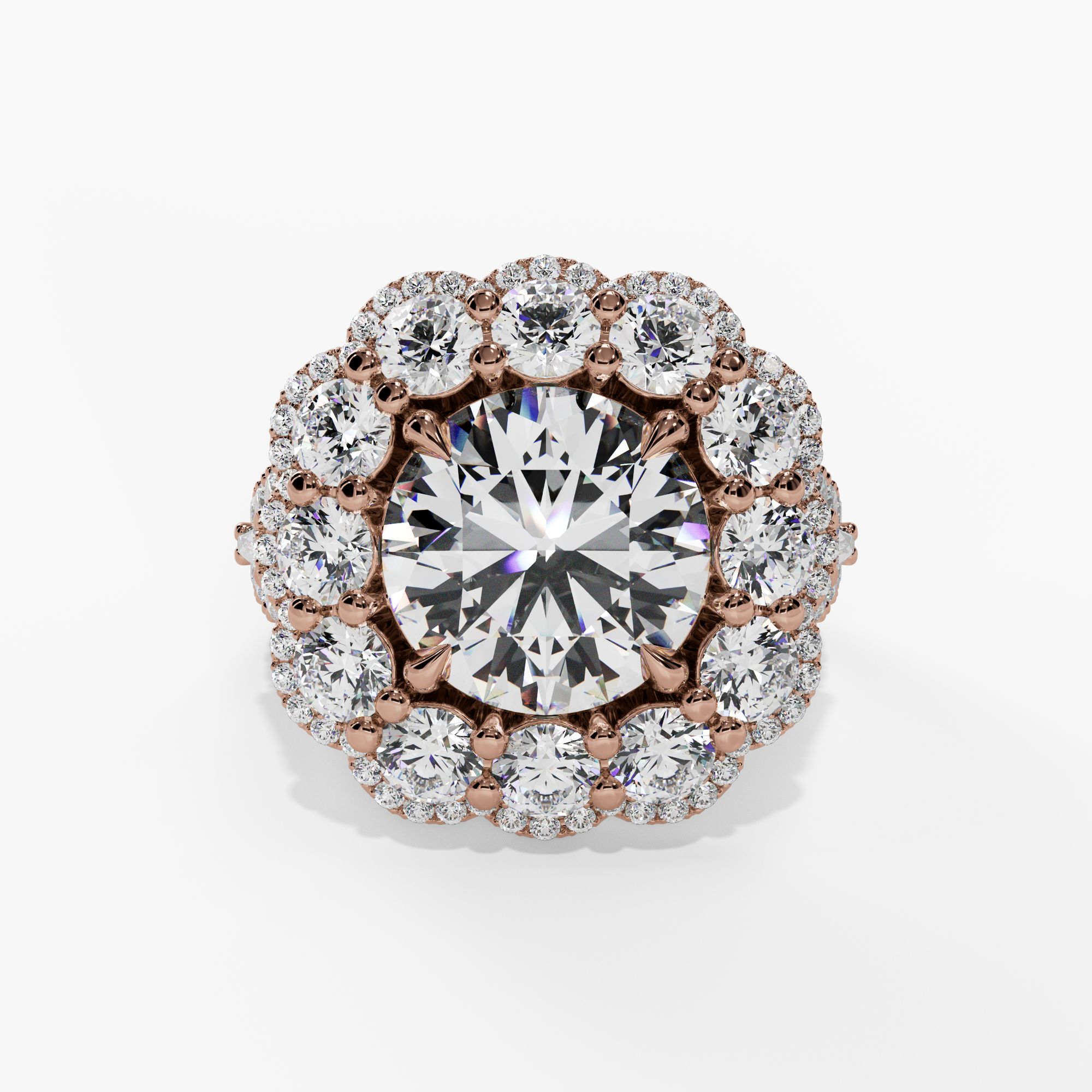 Floral Halo Round Engagement Ring Setting With Triple-Split Natural Diamond Shank in 14k Rose Gold — front view