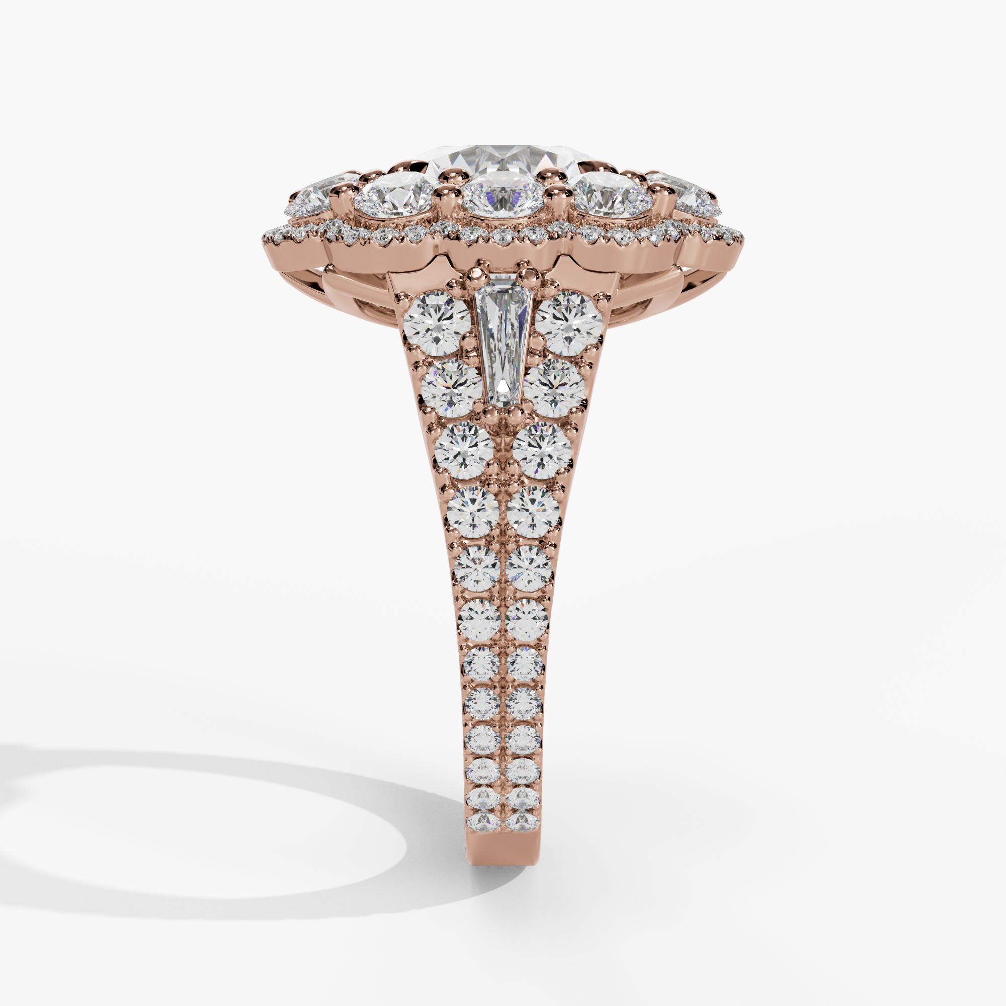 Floral Halo Round Engagement Ring Setting With Triple-Split Natural Diamond Shank in 14k Rose Gold — side view