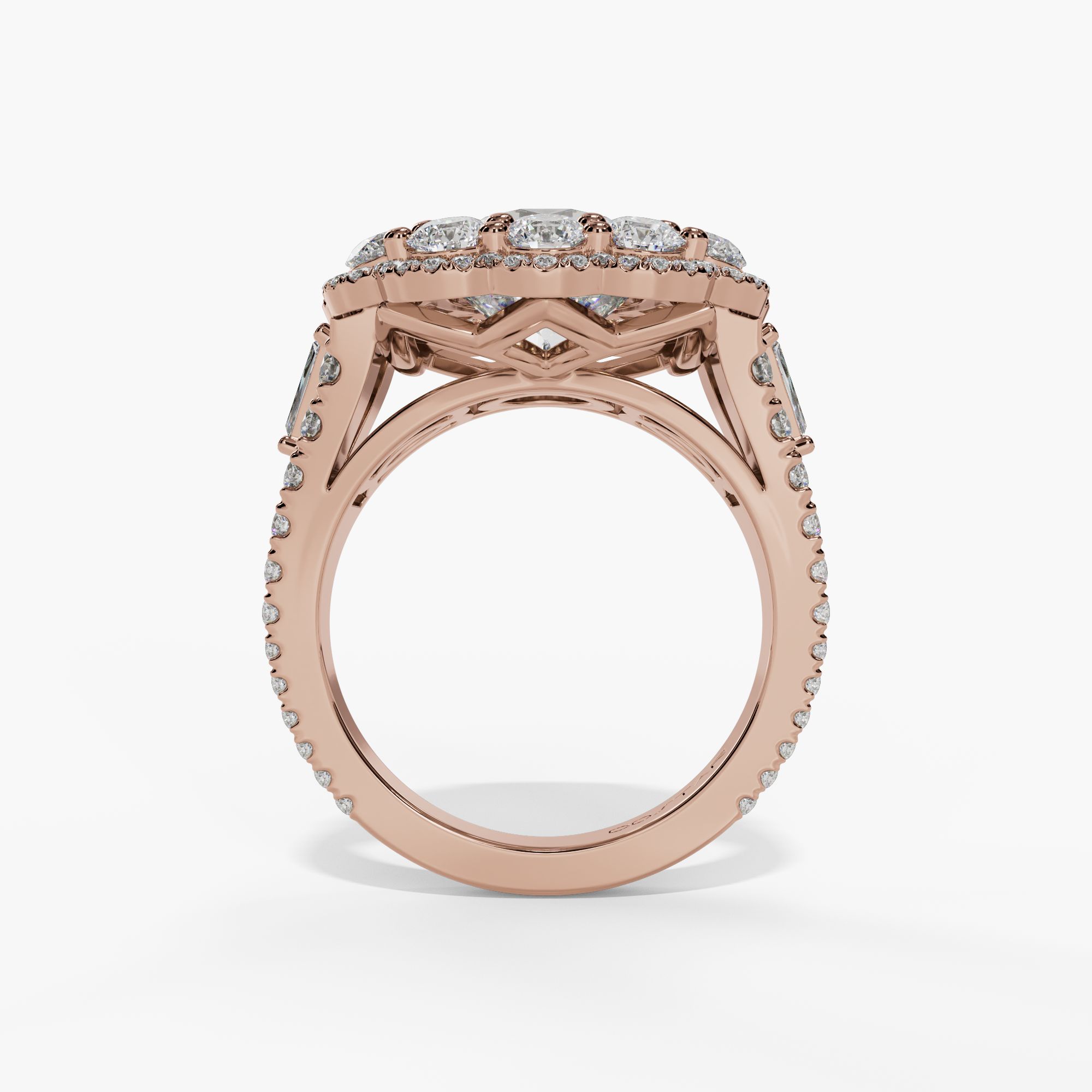 Floral Halo Round Engagement Ring Setting With Triple-Split Natural Diamond Shank in 14k Rose Gold — full ring view