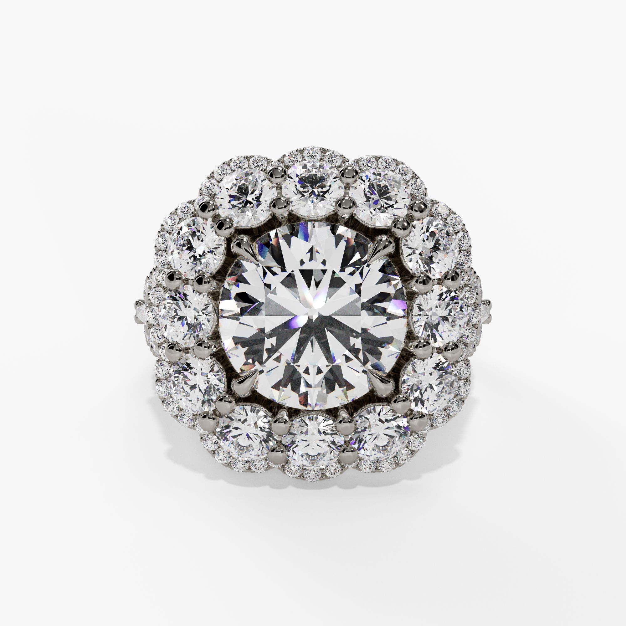 Floral Halo Round Engagement Ring Setting With Triple-Split Natural Diamond Shank in 14k White Gold — front view