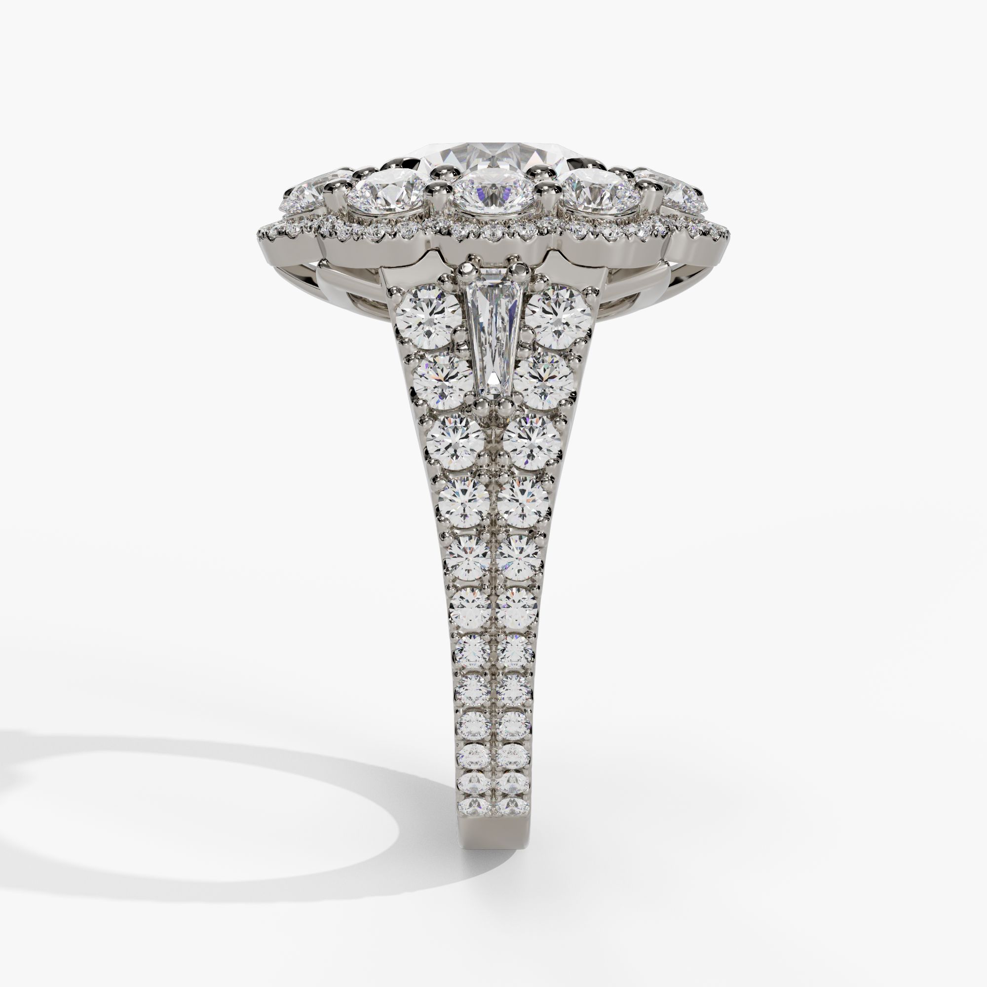 Floral Halo Round Engagement Ring Setting With Triple-Split Natural Diamond Shank in 14k White Gold — side view