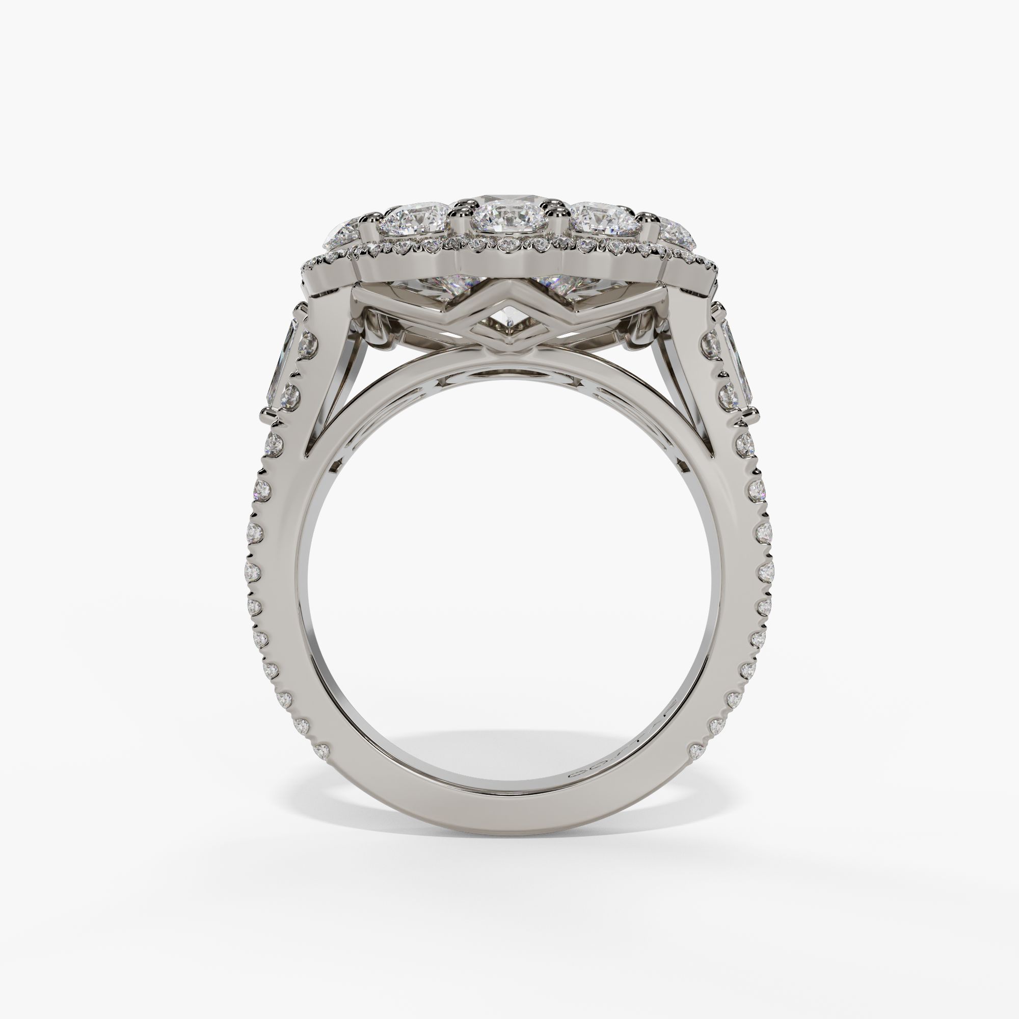Floral Halo Round Engagement Ring Setting With Triple-Split Natural Diamond Shank in 14k White Gold — full ring view