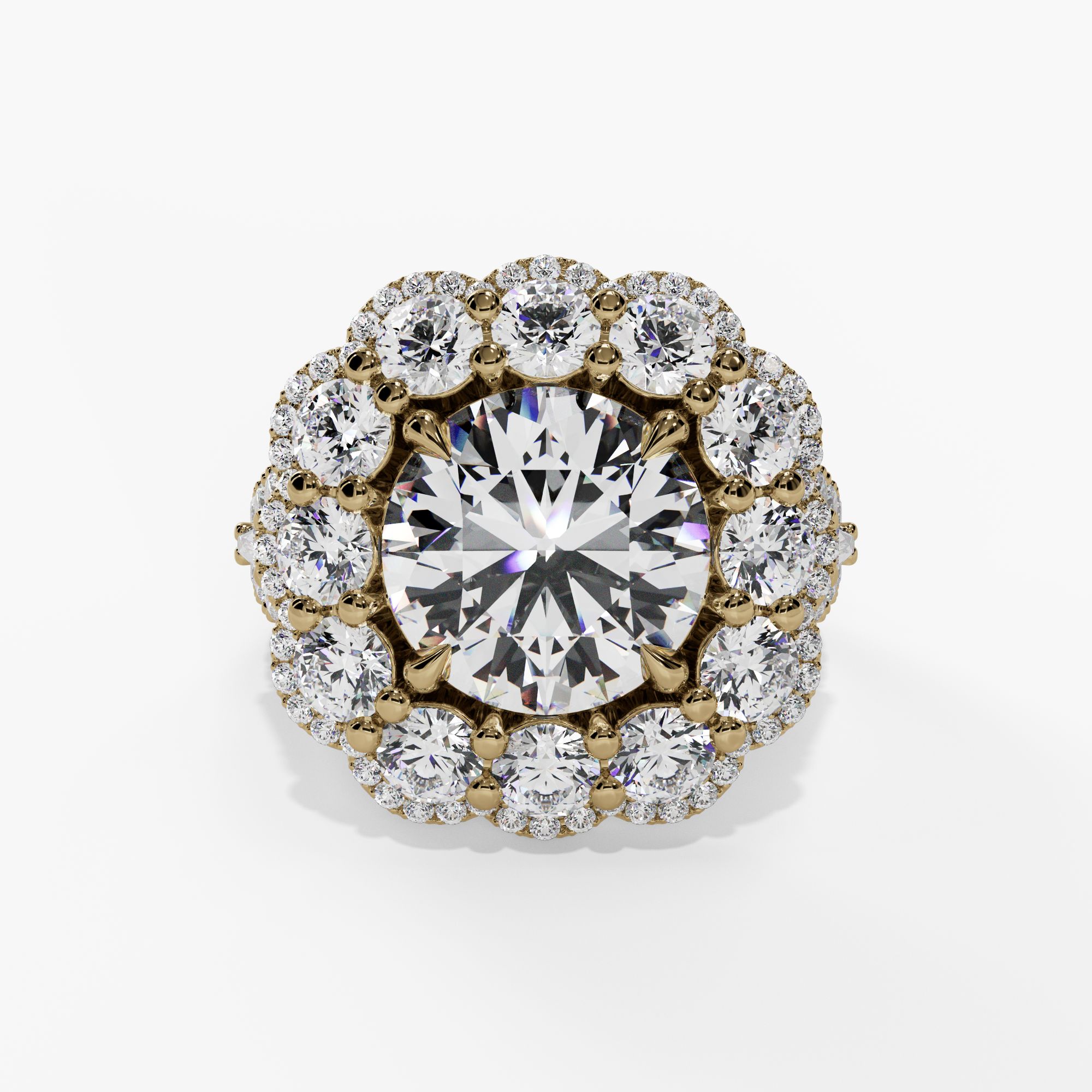 Floral Halo Round Engagement Ring Setting With Triple-Split Natural Diamond Shank in 14k Yellow Gold — front view