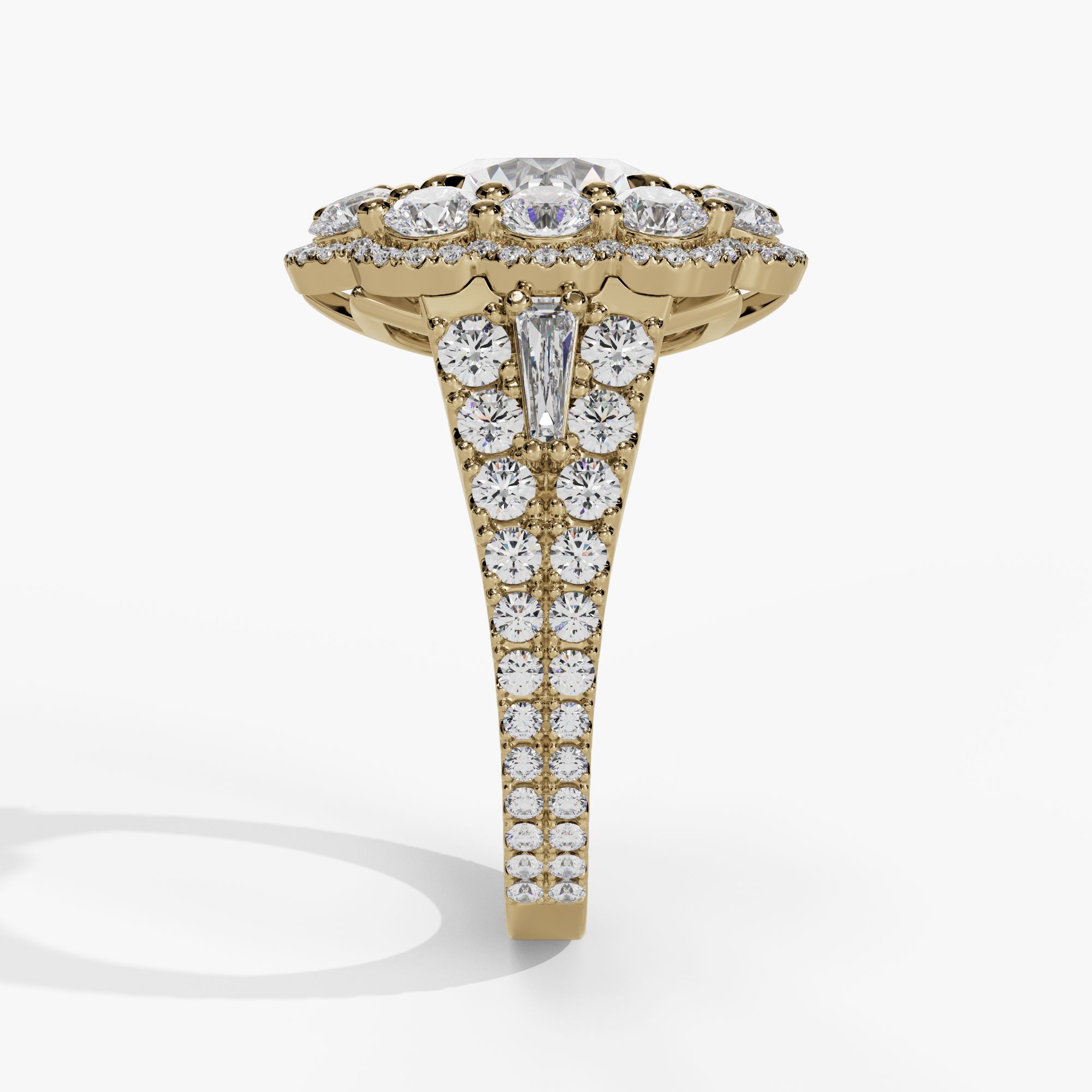 Floral Halo Round Engagement Ring Setting With Triple-Split Natural Diamond Shank in 14k Yellow Gold — side view