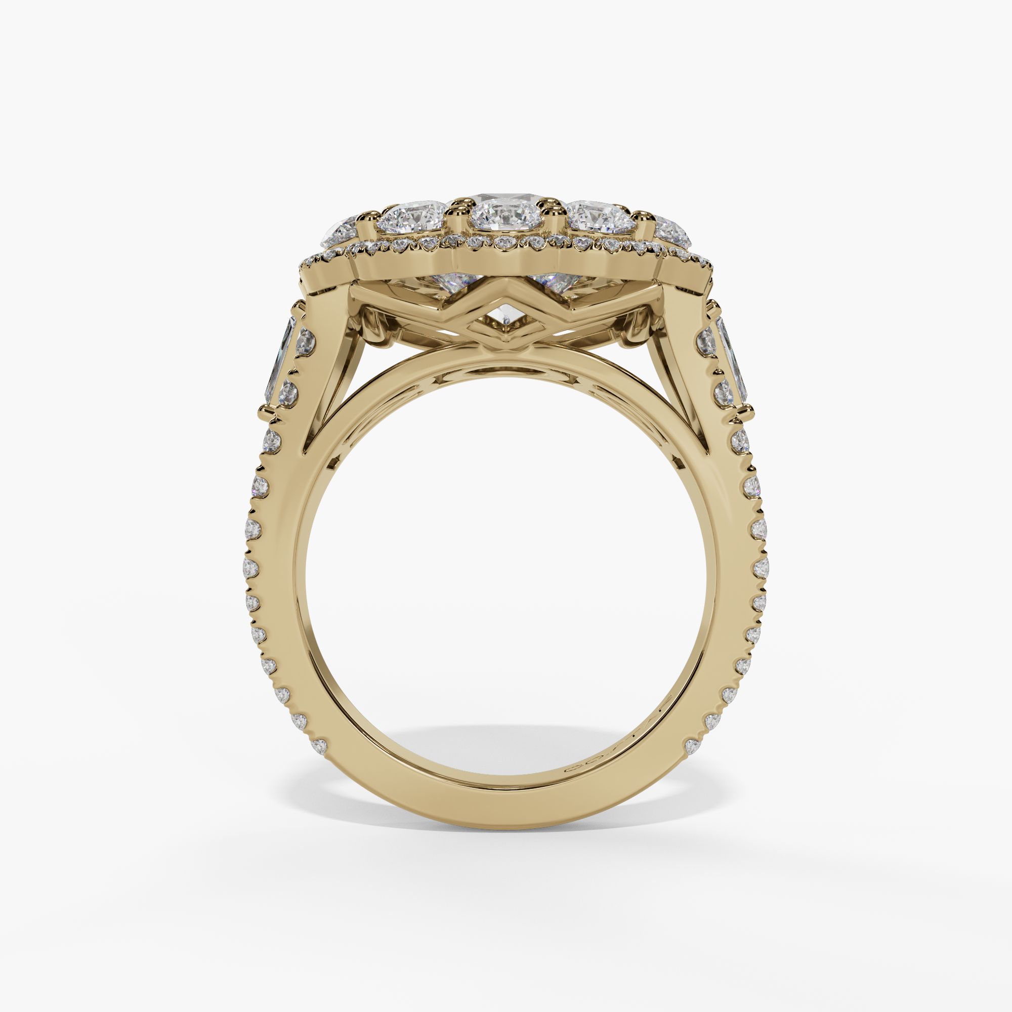 Floral Halo Round Engagement Ring Setting With Triple-Split Natural Diamond Shank in 14k Yellow Gold — full ring view