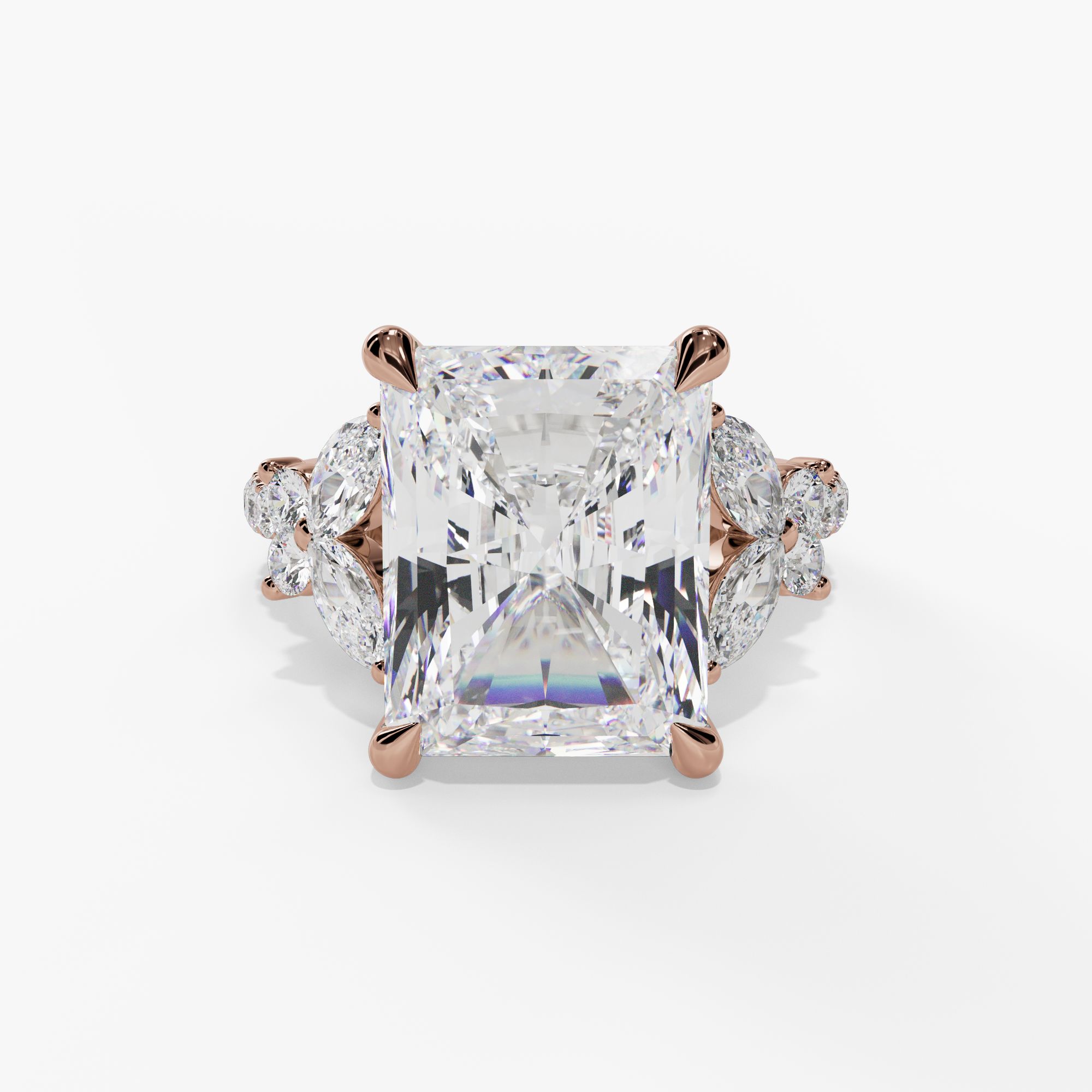 Floral Radiant-Cut Engagement Ring Setting With Marquise & Round Natural Diamond Accents in 14k Rose Gold — front view