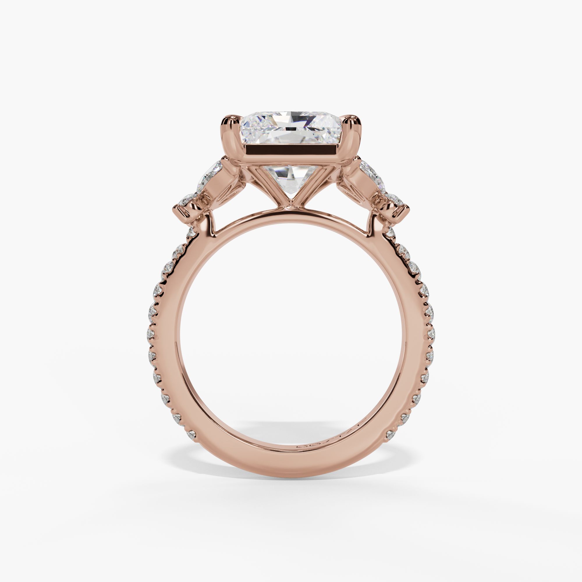 Floral Radiant-Cut Engagement Ring Setting With Marquise & Round Natural Diamond Accents in 14k Rose Gold — full ring view