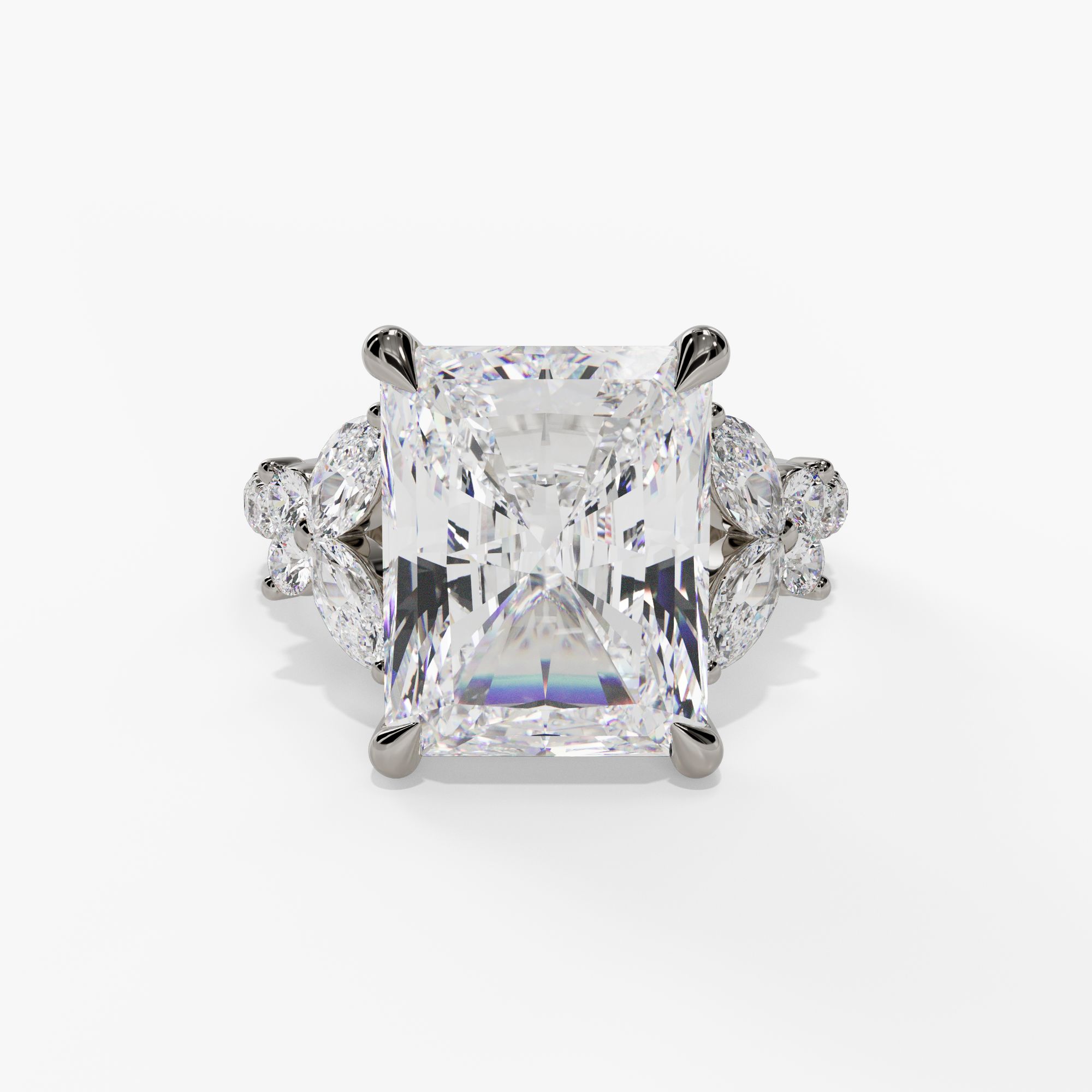 Floral Radiant-Cut Engagement Ring Setting With Marquise & Round Natural Diamond Accents in 14k White Gold — front view